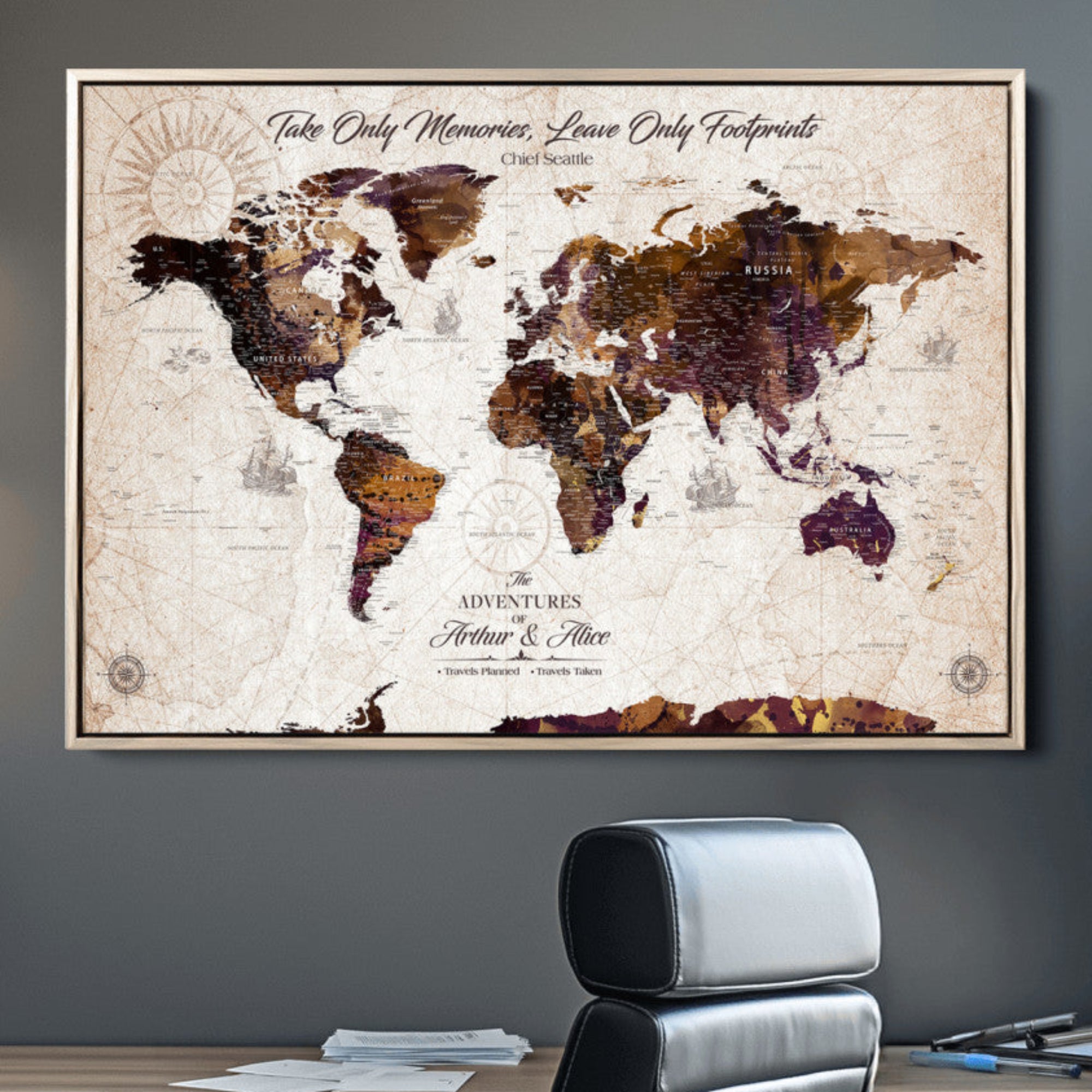 -Personalized World Map Canvas – Custom Framed Push Pin Travel Tracker, Elegant Wall Art Gift for Couples for Home, Office