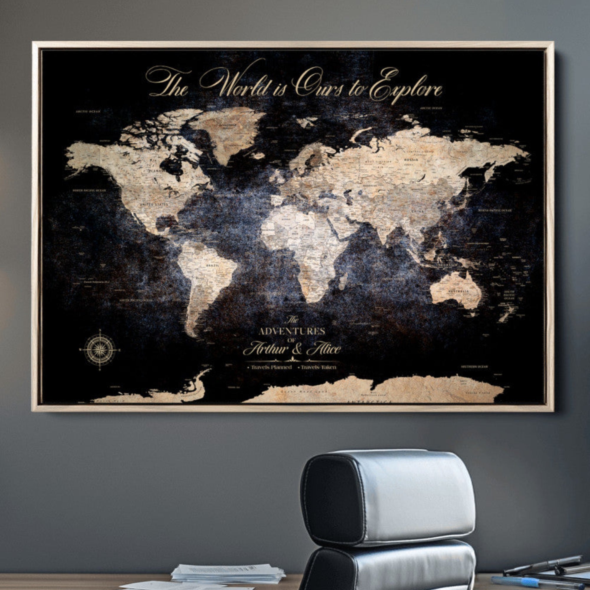 -Personalized Push Pin World Map Canvas Print Framed Custom Travel Tracker with 100 Pins Artwork for Home, Office