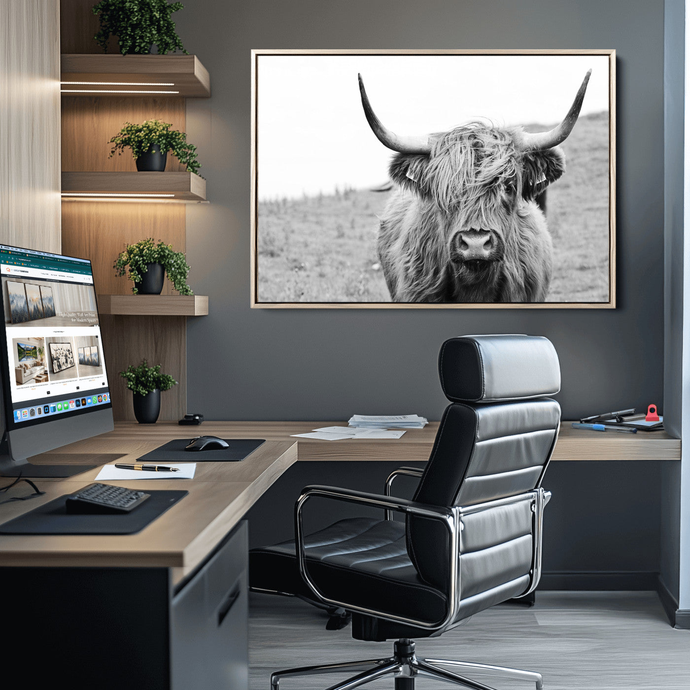 16248-MGV-CV-36X24-Newfoundland Cow Art Wall Art, Black White Cow Art Wall Art Canvas Print