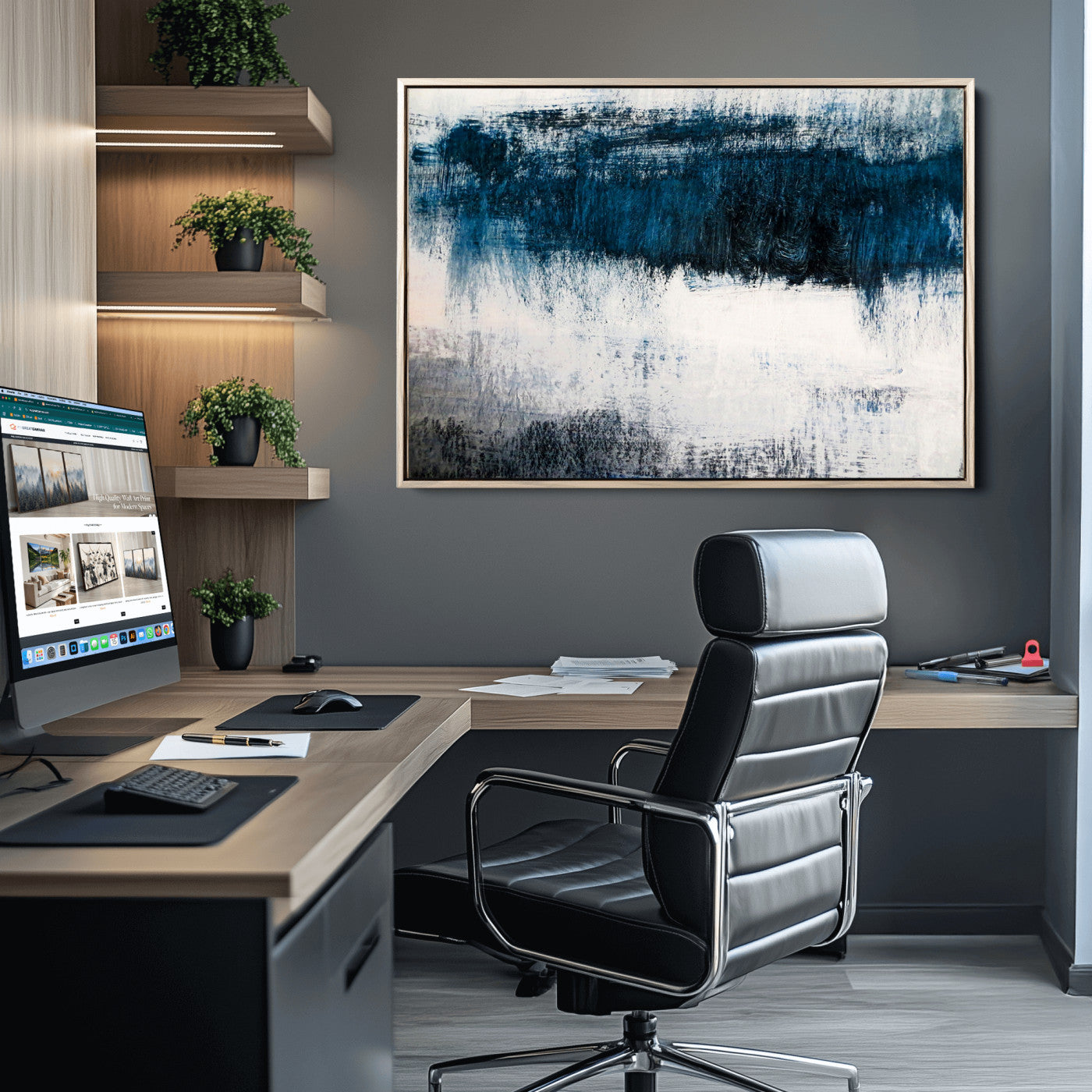 38954-MGV-CV-36X24-Abstract Blue and White Canvas Art | Large Wall Art for Modern Living Room Decor | Minimalist Brushstroke Painting on Canvas