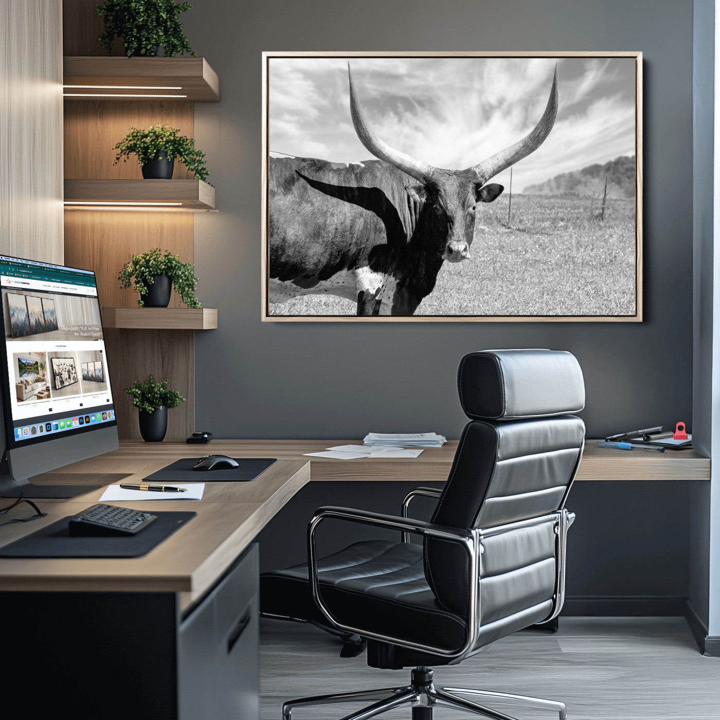 30017-MGV-CV-36X24-Cattle Wall Art Longhorn Cow Canvas Print