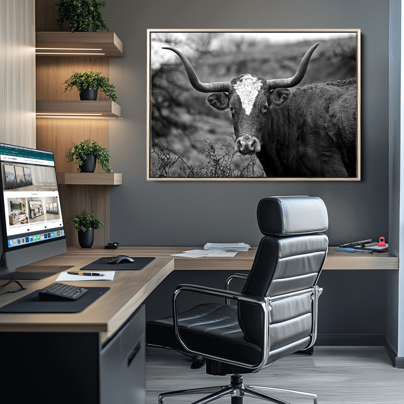 76200-MGV-FC-36X24_Natural-Western Home Wall Art Canvas Print, Framed Texas Longhorn Art Picture Print, Rustic Cow Perfect Rustic Farmhouse Decor Artwork