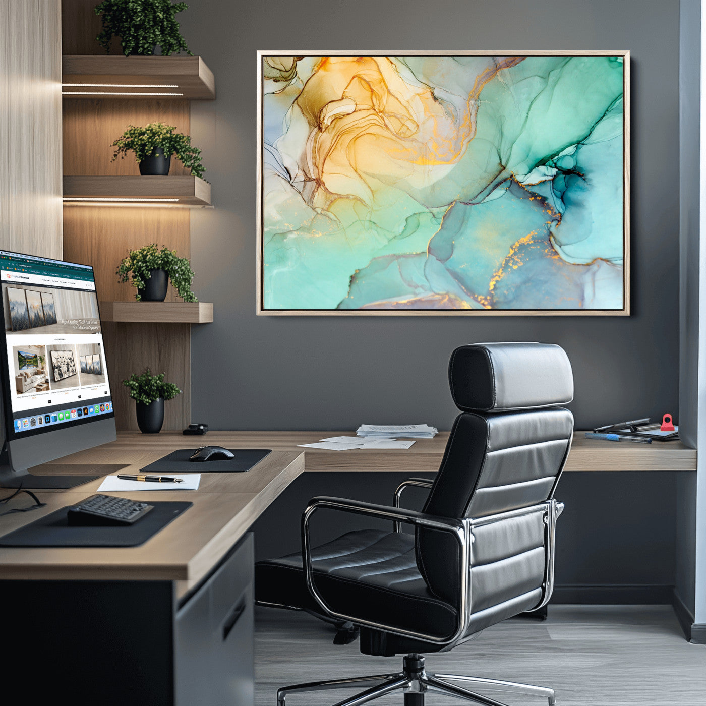 47242-MGV-CV-36X24-Green Marble Fluid Effect Wall Art Abstract Canvas Wall Art Print
