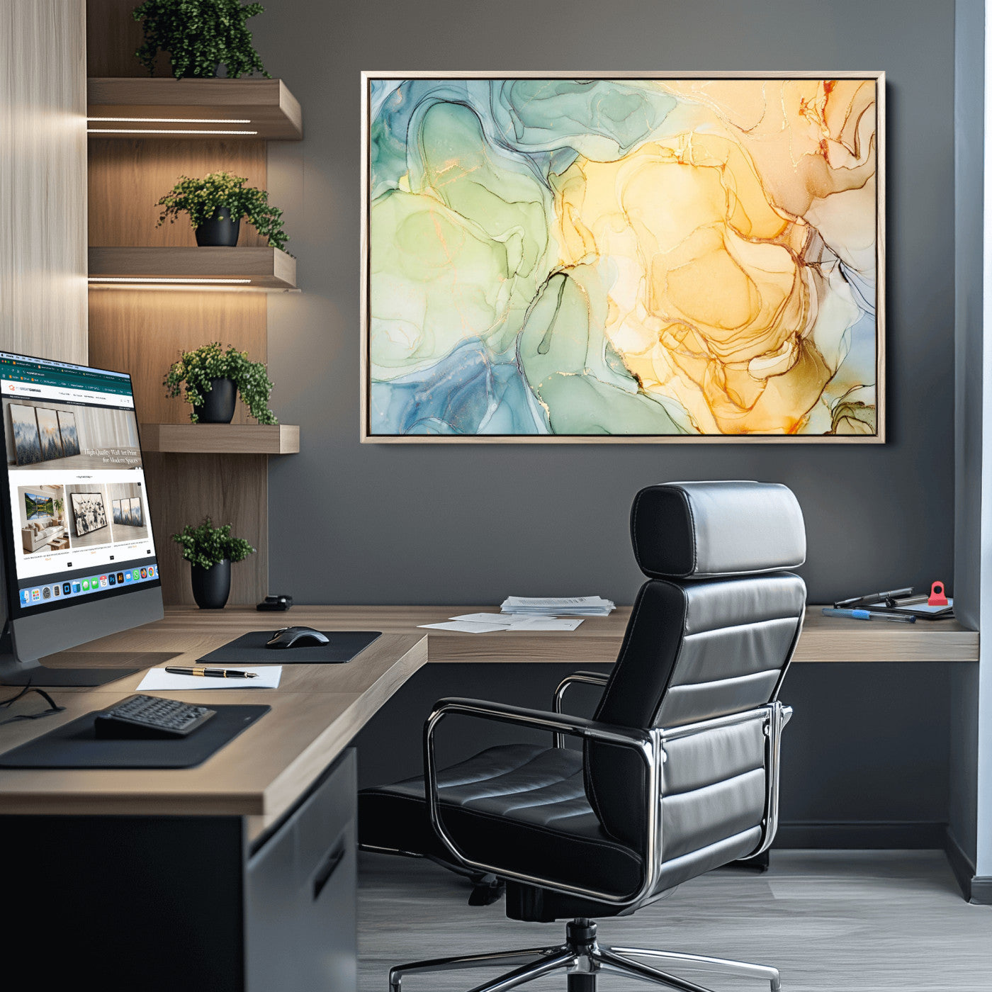 42195-MGV-CV-36X24-Green and Yellow Marble Fluid Effect Wall Art, Green and Yellow Marble Canvas Wall Art Print