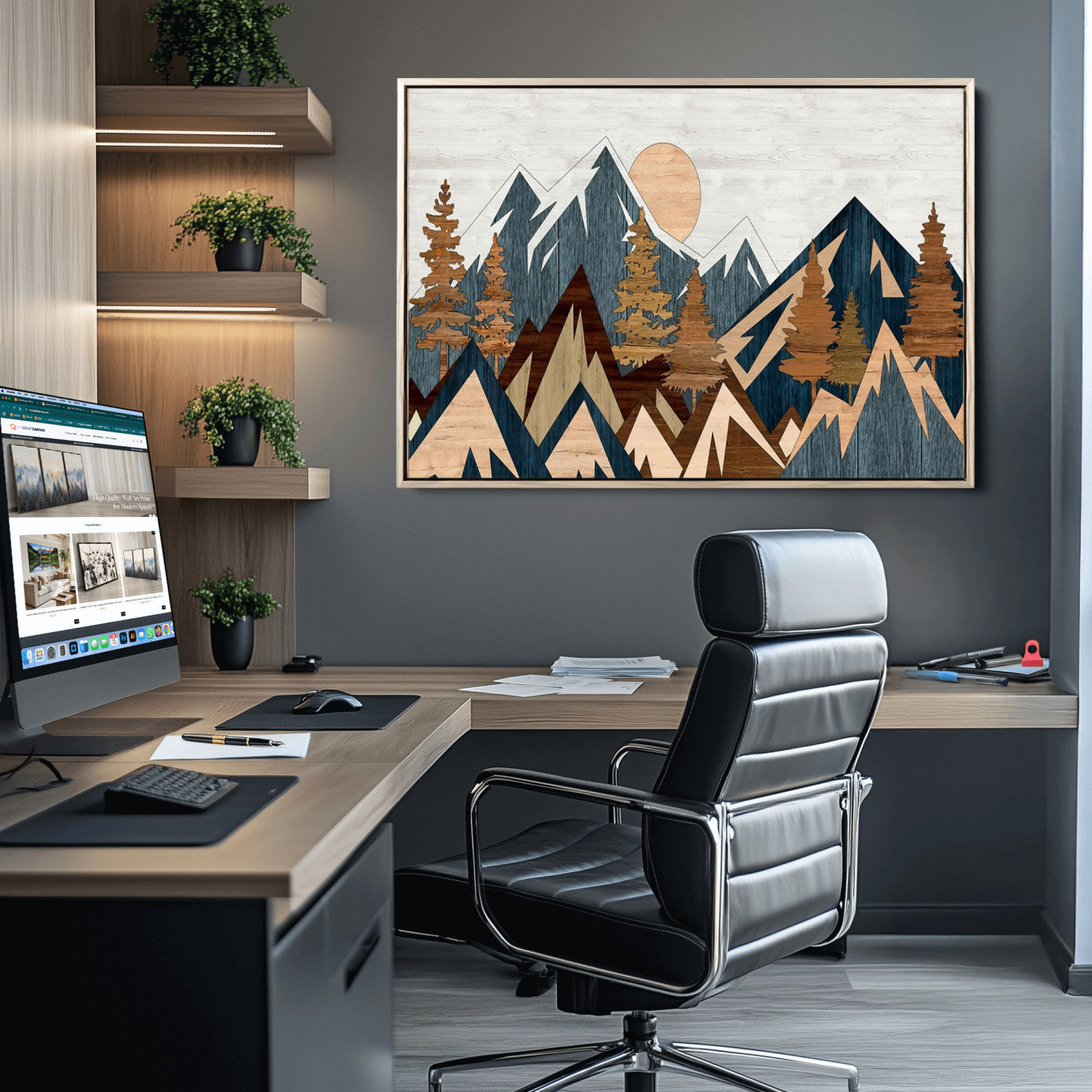 91467-MGV-CV-36X24-Abstract Wood Panel Effect Mountain Range Top Wall Art Canvas Print