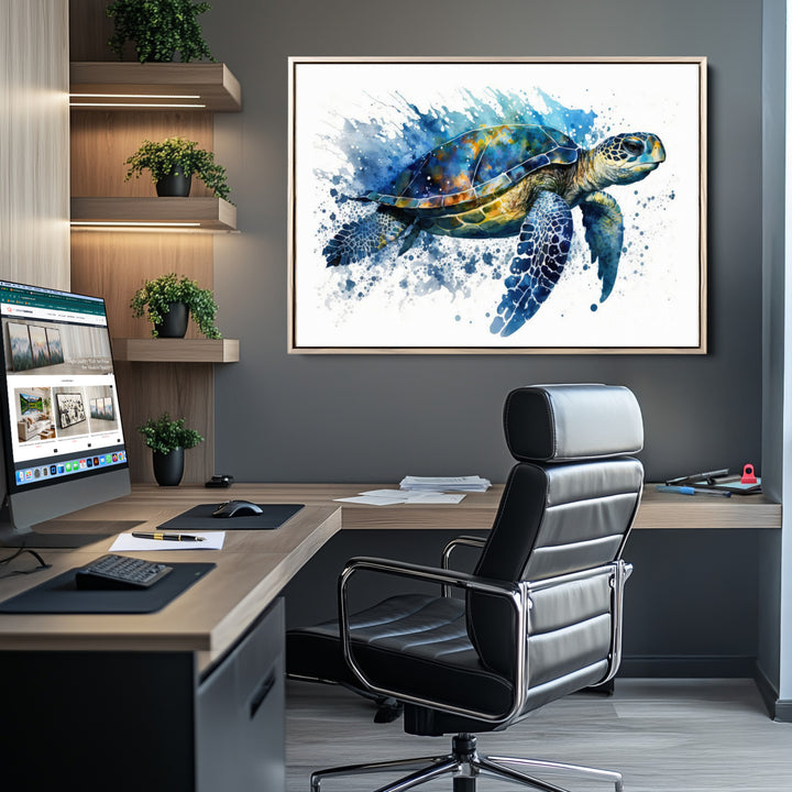 The Turtle Wall Art Print, featuring blue splashes, beautifully showcases Ocean Life.