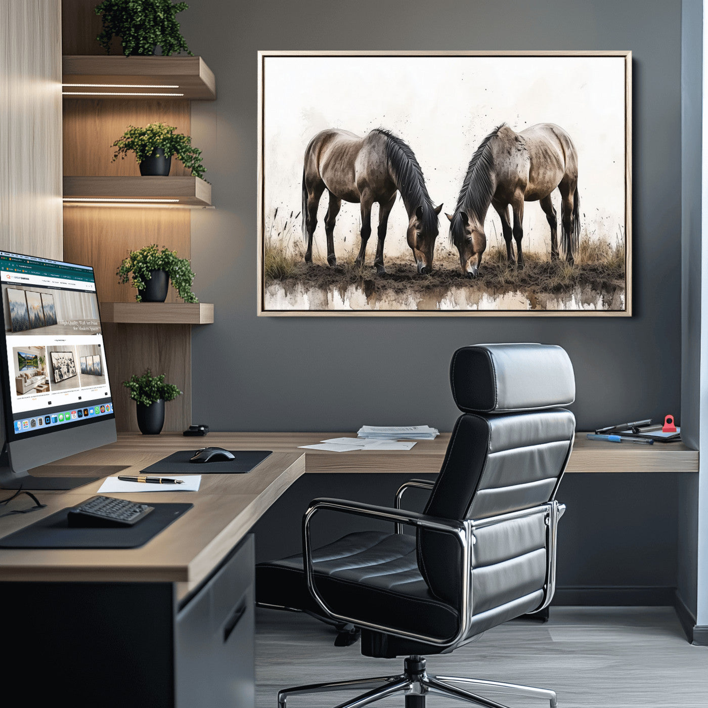 71729-MGV-CV-36X24-Chines Ink Style Horses Wall Art Canvas Print