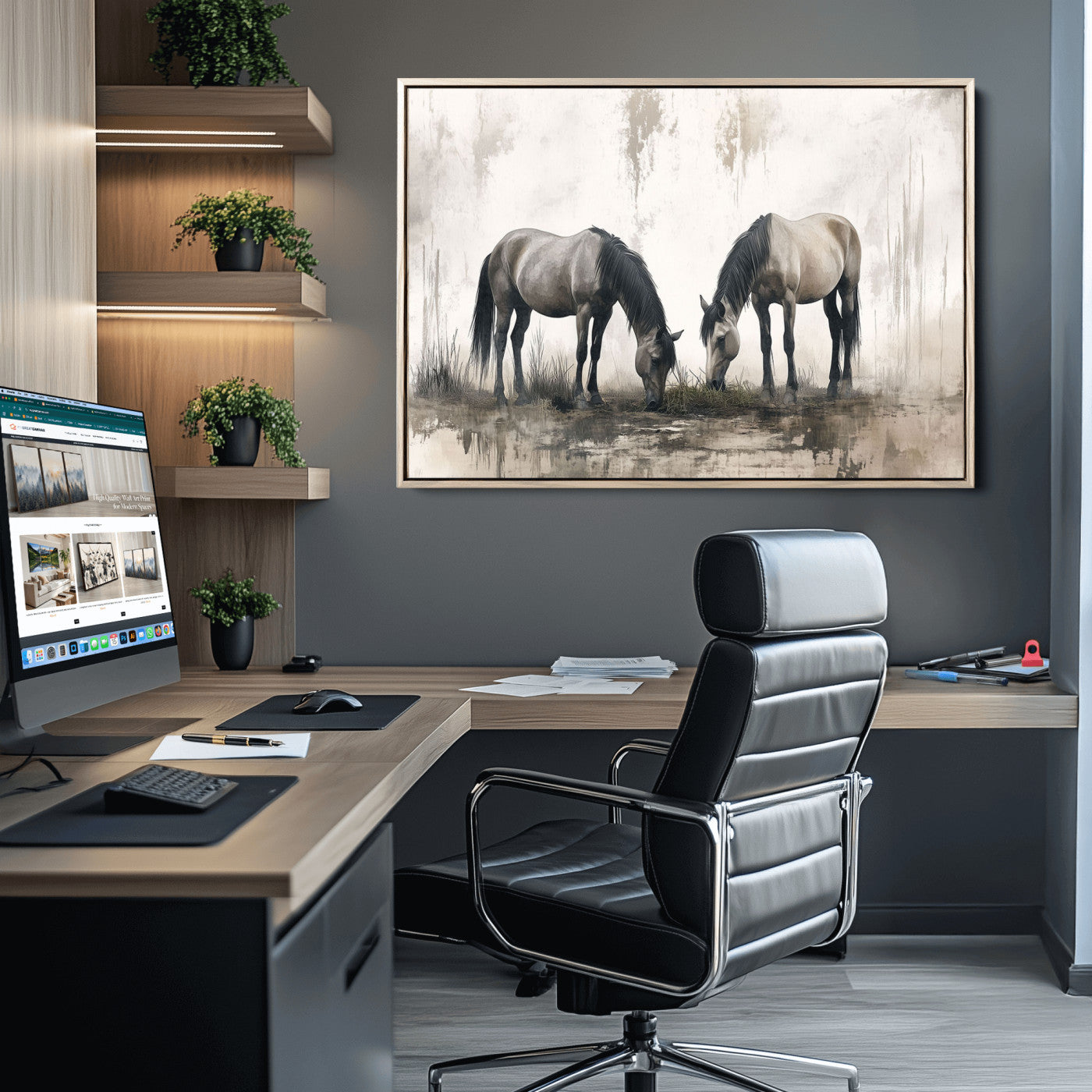 35494-MGV-CV-36X24-Chines Ink Style Vintage Horses Wall Art Canvas Print for Farmhouse Wall Decor