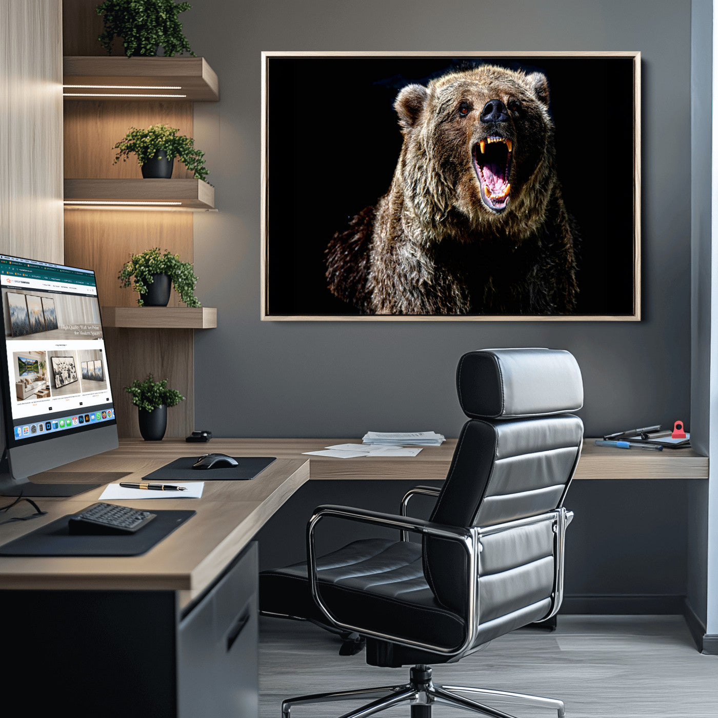 17625-MGV-CV-36X24-Grizzly Bear Canvas Print | Wildlife Wall Art for Cabin Decor | Ready to Hang Framed