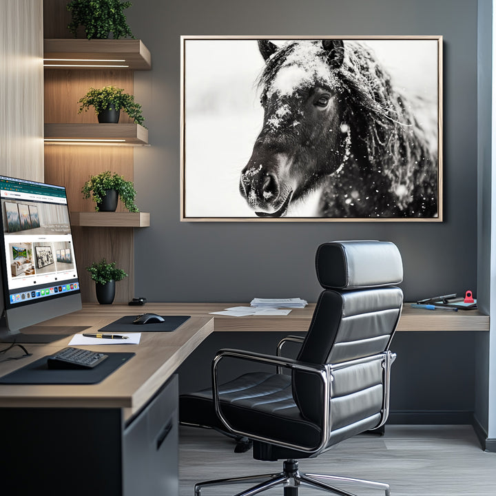 The wall art is a Black and White Horse piece, framed and ready to hang.