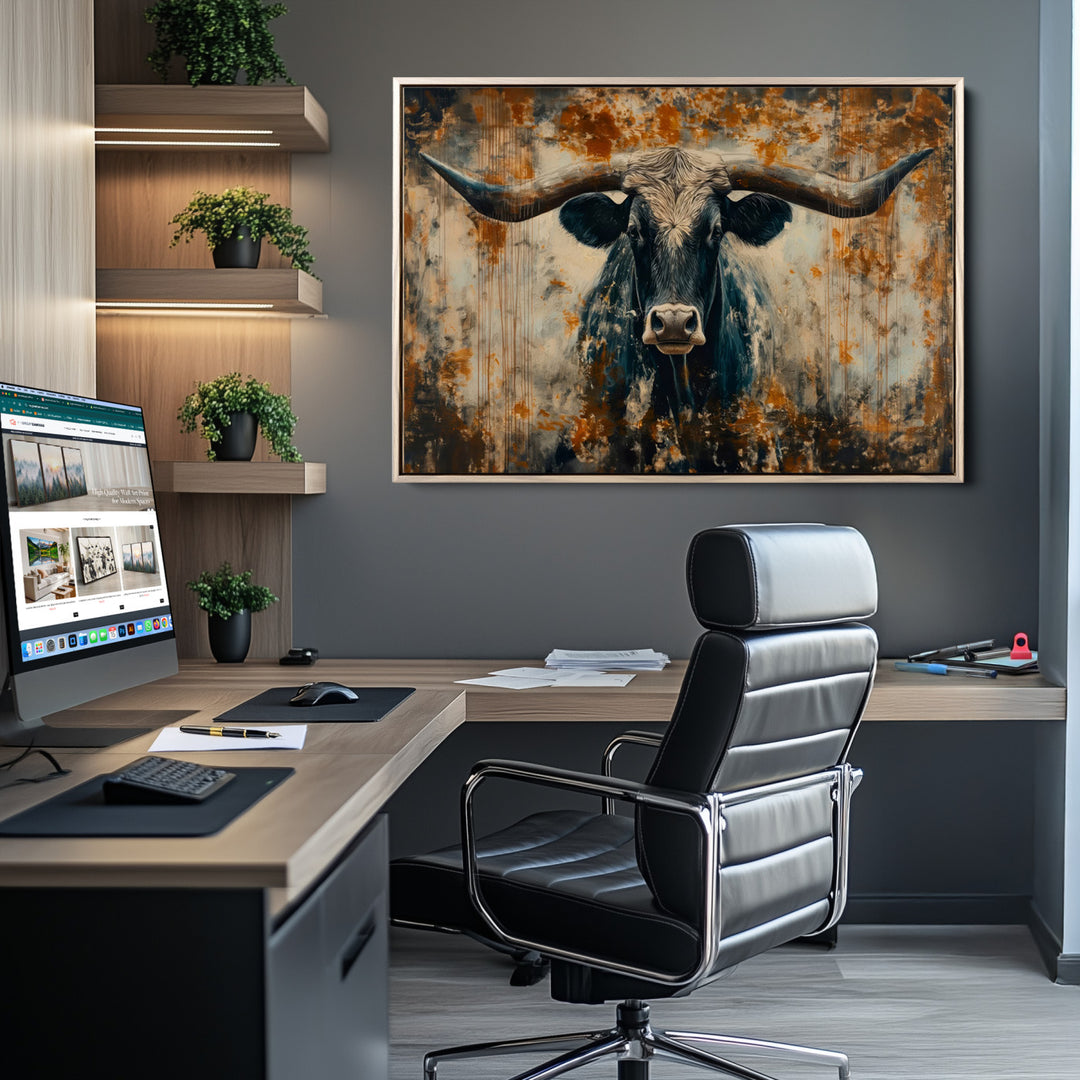 Abstract Longhorn Bull Wall Art | Rustic Western Wall Decor | Framed and Ready to Hang | Ideal for Farmhouse, Lodge, and Barn Decor