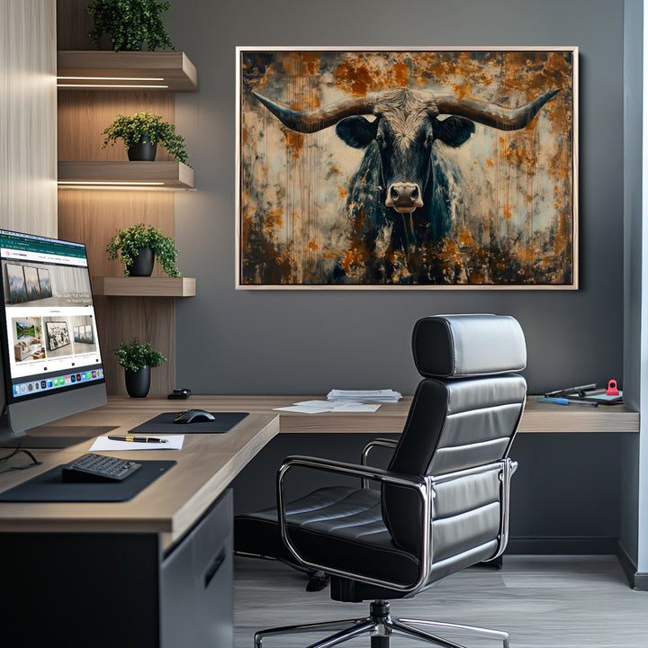 Abstract Longhorn Bull Wall Art | Rustic Western Wall Decor | Framed and Ready to Hang | Ideal for Farmhouse, Lodge, and Barn Decor