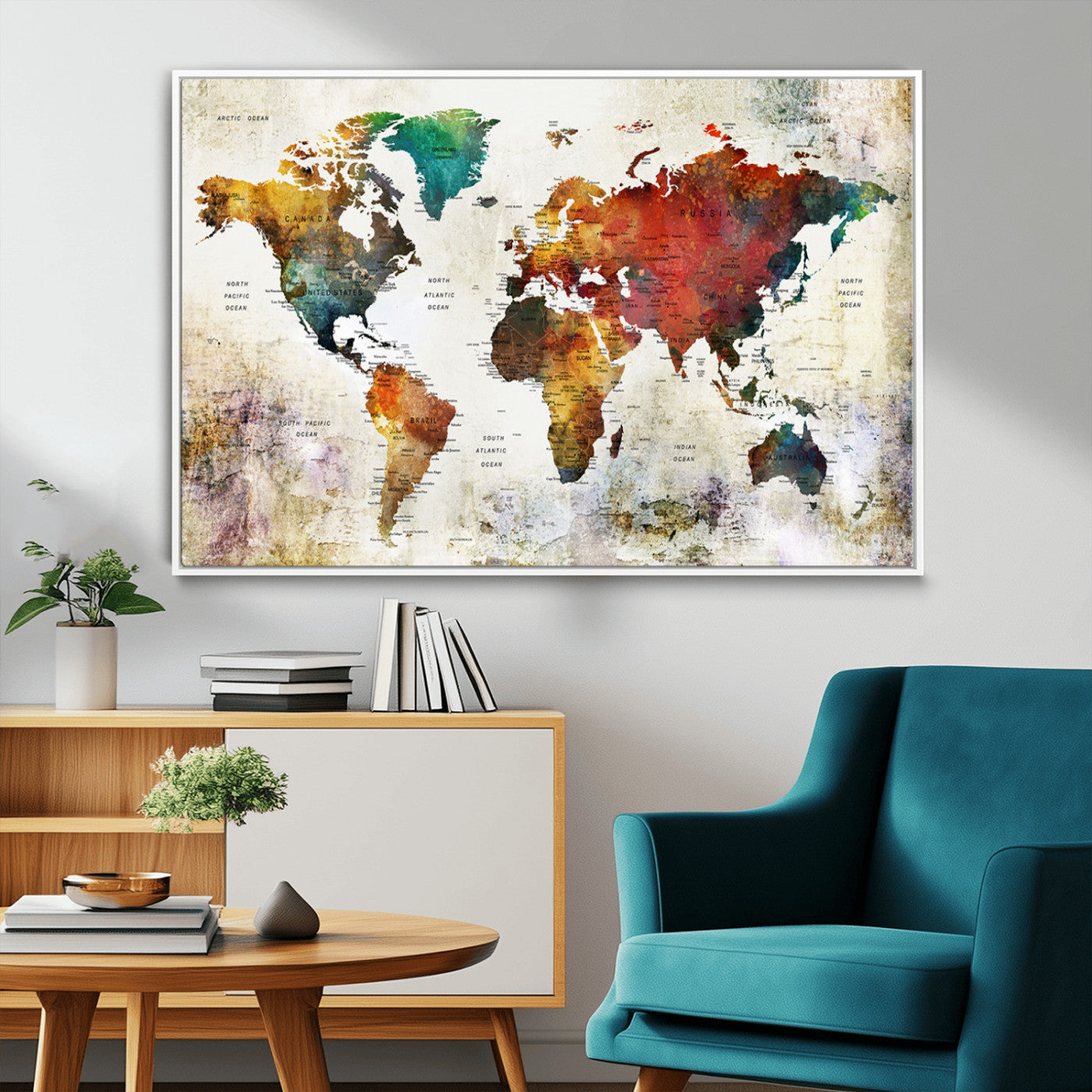 92207-MGV-FC-36X24_White-Push Pin World Map Canvas Print – Framed Wall Art for Couples to Track Their Travels – Anniversary