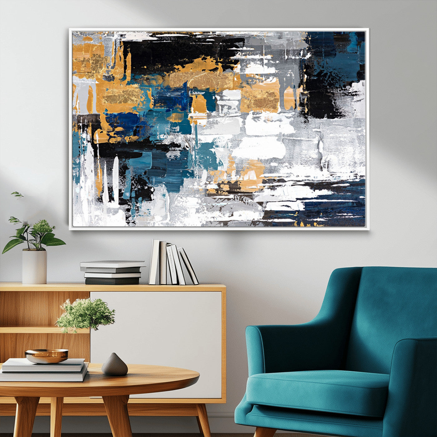 57708-MGV-FC-36X24_White-Blue and Gold Abstract Canvas Wall Art – Triptych Modern Painting for Living Room – Framed and Ready to Hang