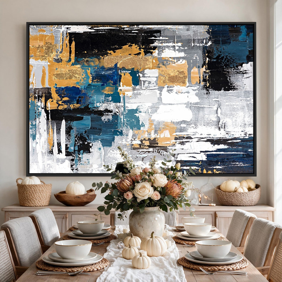 57708-_Poster-30x20 - Blue and Gold Abstract Canvas Wall Art | Triptych Modern Art Print