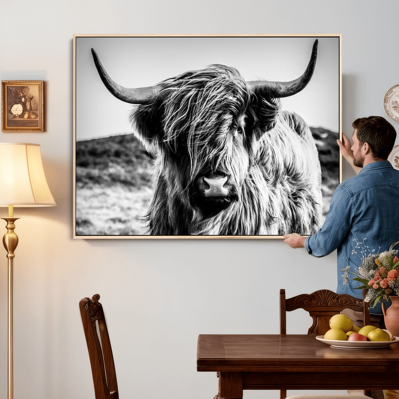 36979-MGV-CV-36X24 - Handsome Scottish Cow Black and White Wall Decor Canvas Art Print Extra Large Wall Art Highland Cattle Canvas Picture Animal Art Nature Photography High Quality Original Canvas Framed Ready to Hang