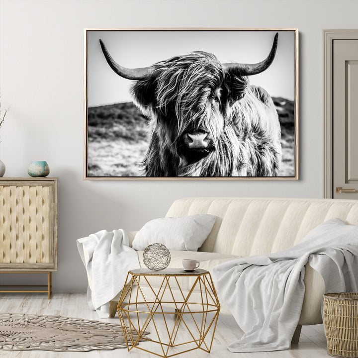 Highland Cow Wall Art | 3-Panel Black and White Highland Cow Canvas Print for Western Farmhouse Decor