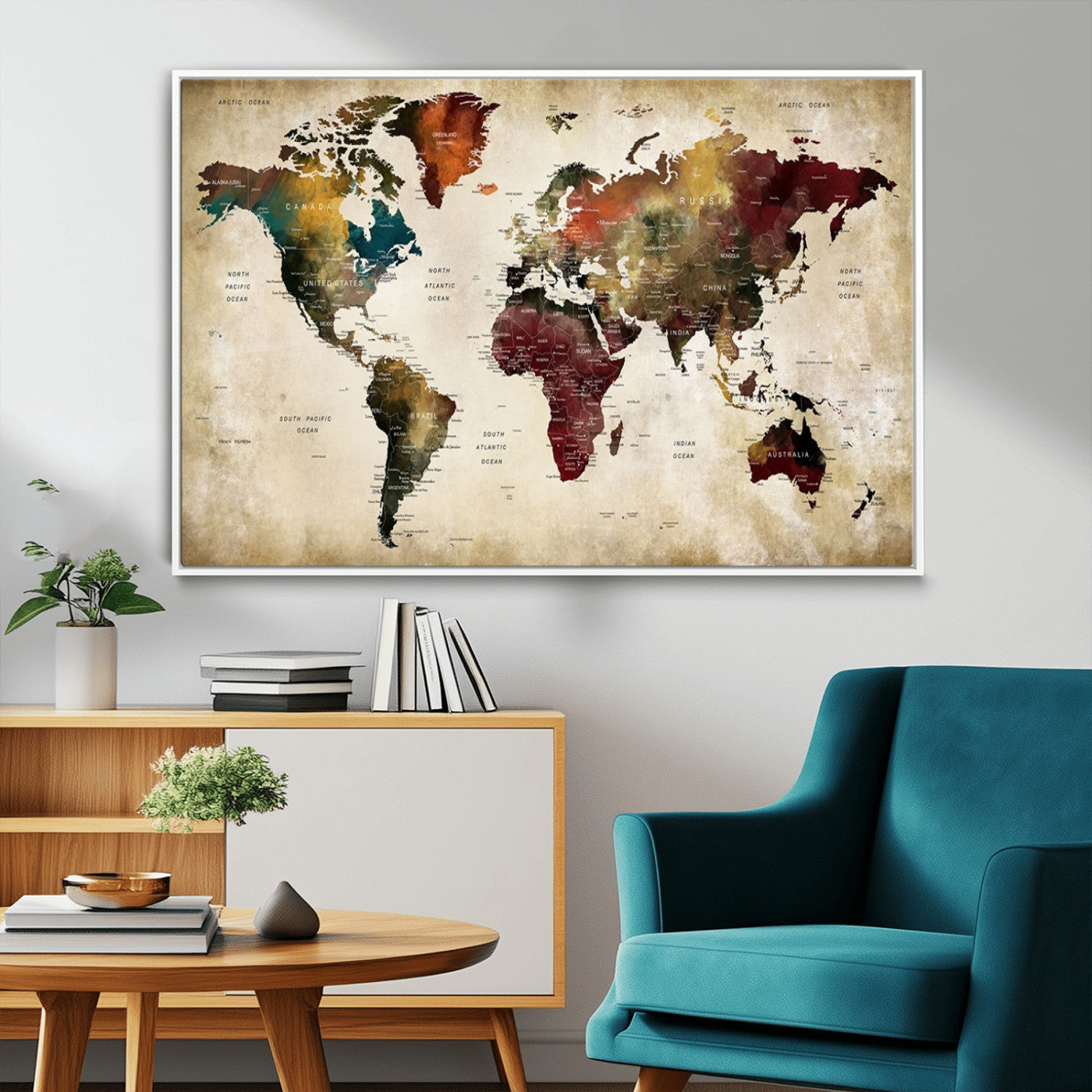 MGV-FC-36X24 - Large World Map Wall Art Canvas Print, Framed Push Pin Map Art Picture Print, Abstract Traveller Map Perfect Modern Decor Artwork