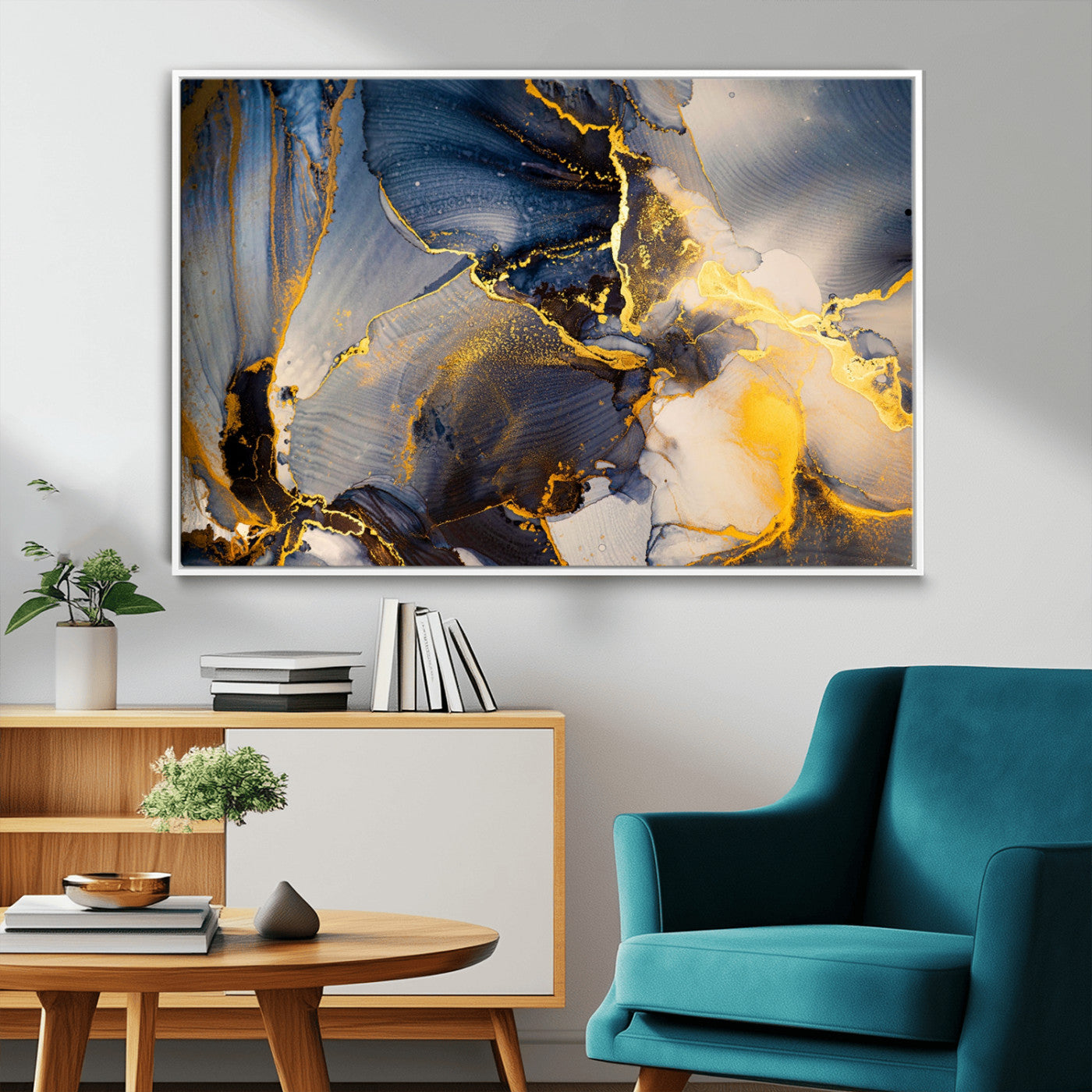 42100-MGV-FC-36X24_White-Large Abstract Wall Art Print - Gold and Blue Abstract Canvas Wall Art | Fluid Ink Modern Luxury Wall Decor for Living Room Decor
