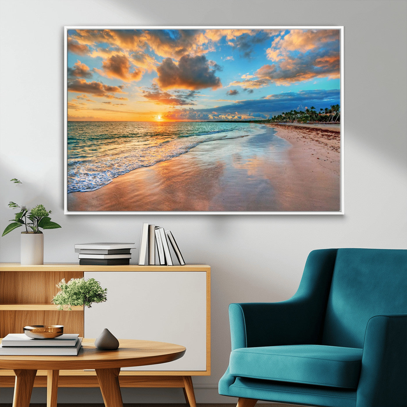 MGV-FC-36X24 - Sunset Ocean Waves on Tropical Beach, 3-Panel Giclee Canvas Art for Coastal Home Decor, Vibrant Palm-Lined Shore