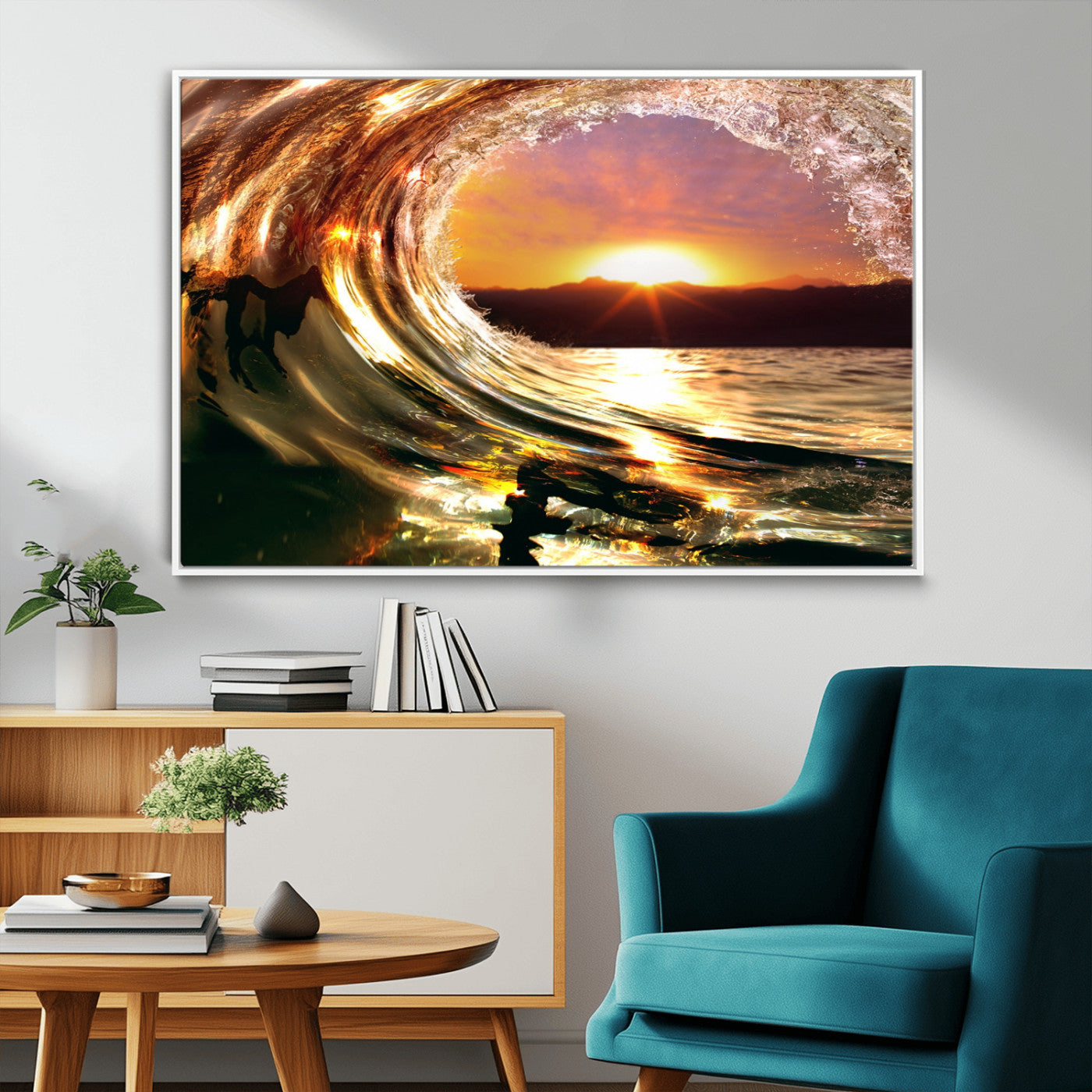 MGV-FC-36X24 - Golden Wave Sunset Triptych Canvas Art, Giclee Canvas Print of Ocean Wave and Sunset, Framed Ocean