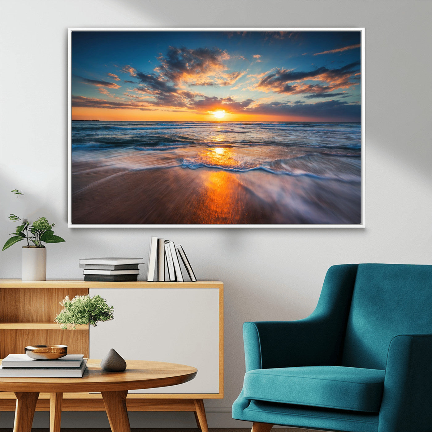MGV-FC-36X24 - Sunset on the Ocean Beach with Waves, Reflections on Sand, Coastal Wall Art Print, Beach Wall Art,