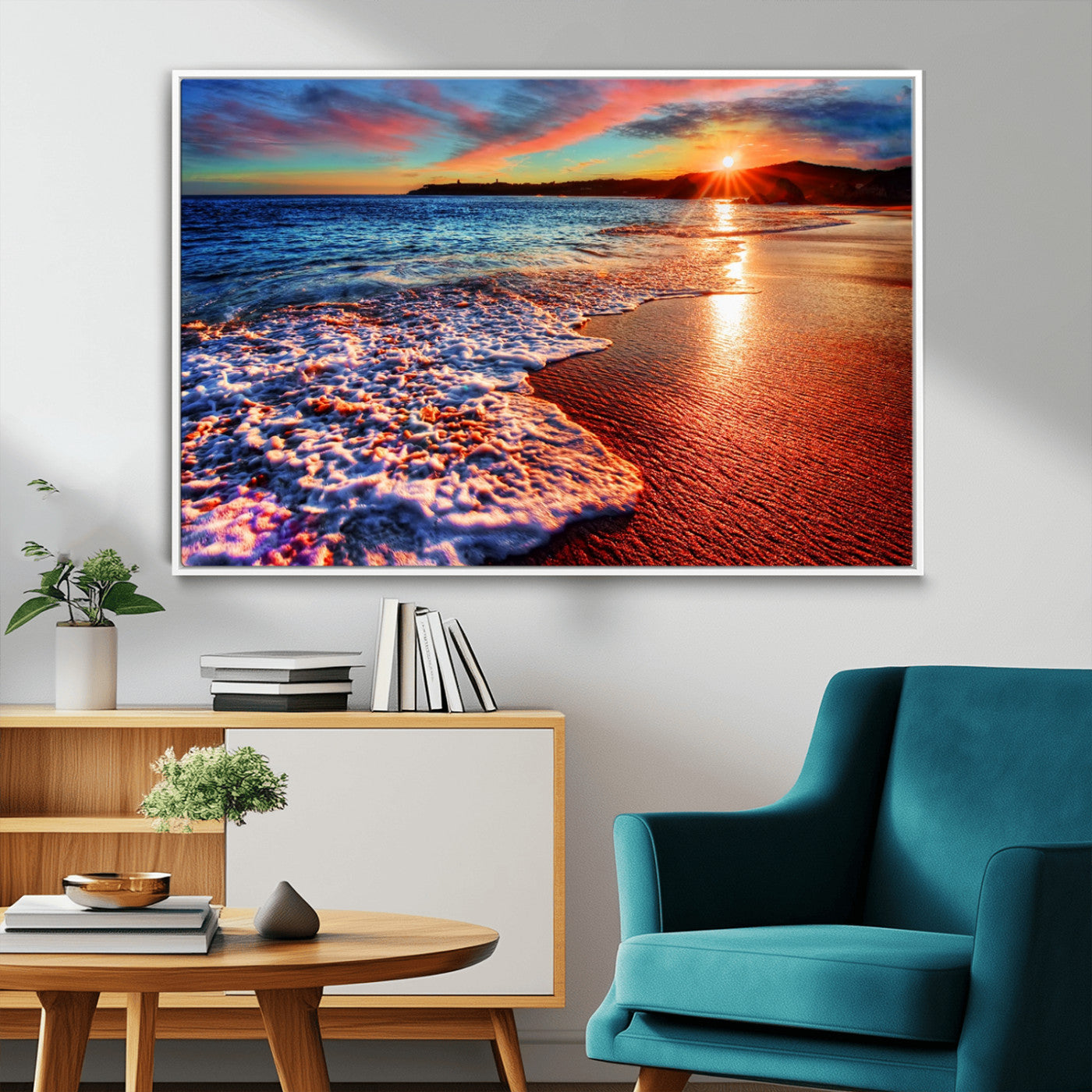 MGV-FC-36X24 - Colorful Coastal Sunset on the Beach Canvas Print, Ocean Waves Crashing at Dusk, Multi-Panel Seascape Vibrant Coastal Wall Art Canvas Print