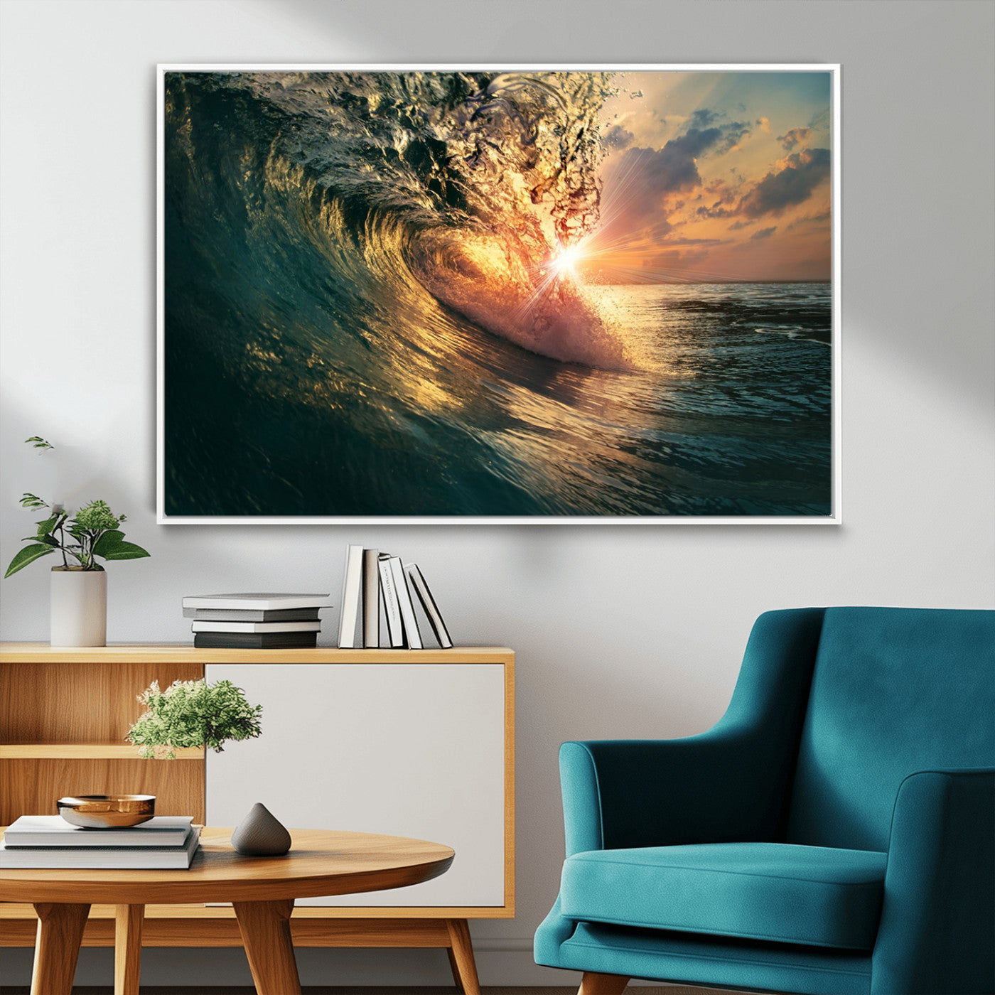 MGV-FC-36X24 - Ocean Wave Sunset Canvas Wall Art – Triptych Seascape Print – Framed and Ready to Hang for Living Room or Office