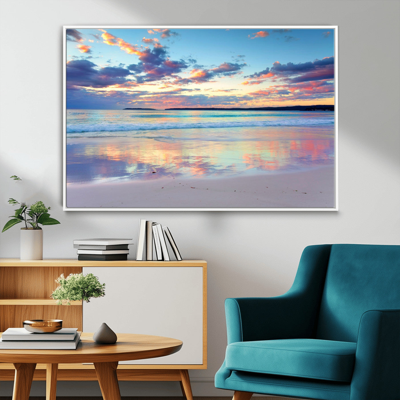 MGV-FC-36X24 - Tranquil Pastel Sunset Beach Triptych Canvas Art, Soothing Coastal Ocean Shoreline Giclee Print, Beach Reflections Wall Decor for Serene Spaces