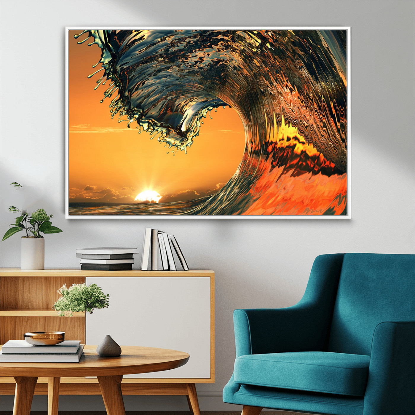 -Surf Wave Sunset Canvas Wall Art Print, 3-Panel Ocean Coastal Wall Art Print, Ocean Decor for