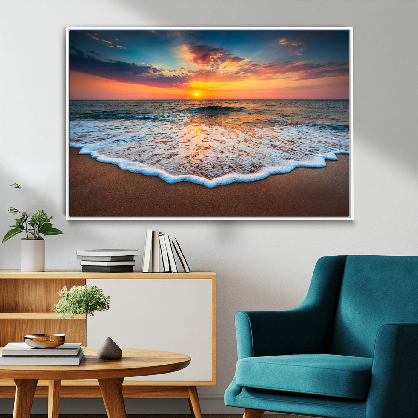 MGV-FC-36X24 - Sunset Beach Canvas Wall Art – Colorful Ocean Waves Triptych – Coastal Decor for Living Room or Bedroom – Framed and Ready to Hang