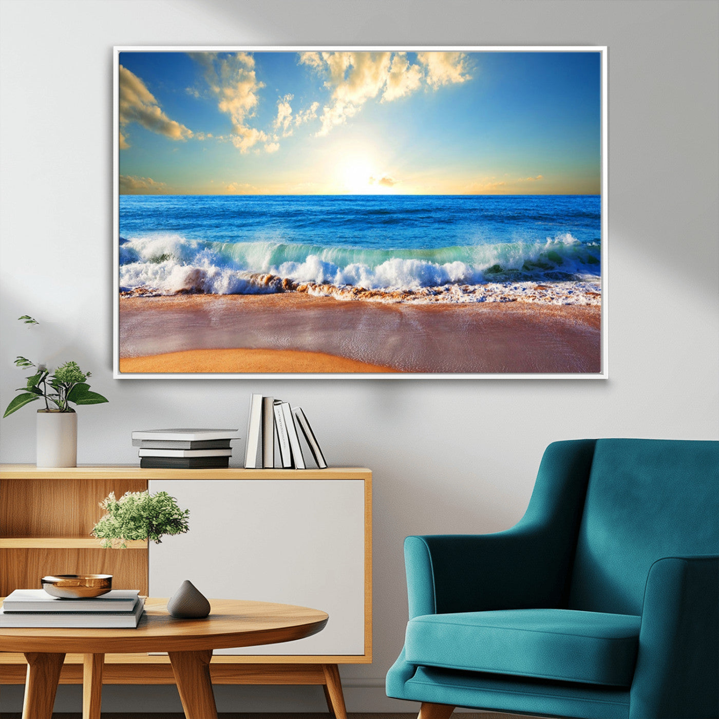 MGV-FC-36X24 - Tropical Beach Sunset Canvas Art, Ocean Waves and Sandy Shoreline Wall Art, Large Beach Decor for Coastal Homes