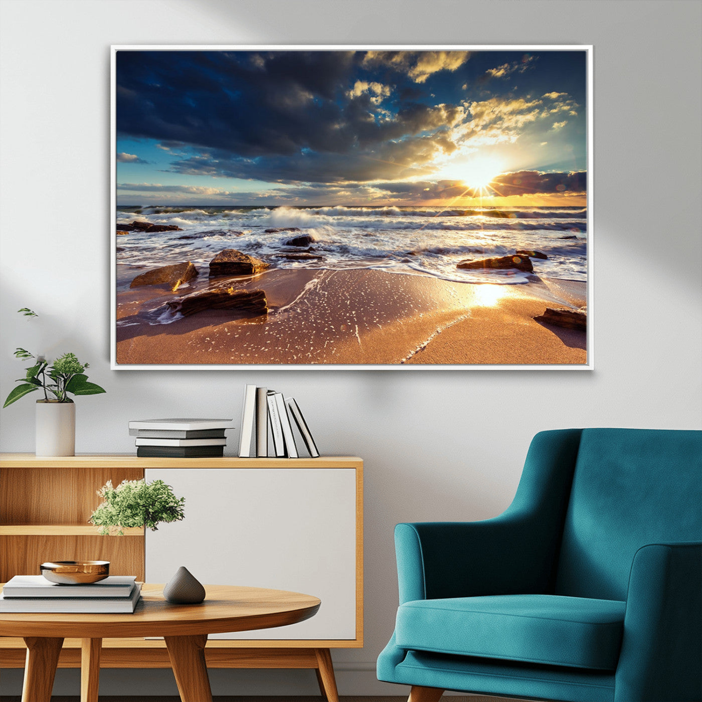 MGV-FC-36X24 - Golden Hour Beach Sunset Canvas Triptych, Ocean Waves and Rocks Wall Art for Coastal Home Decor