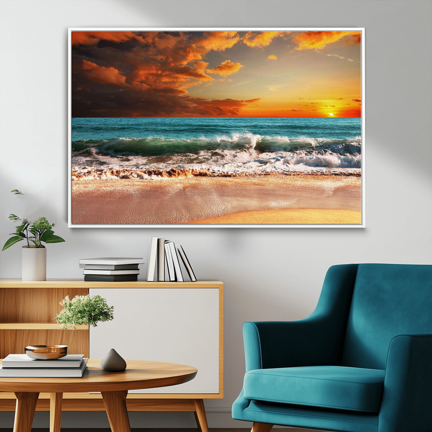 MGV-FC-36X24 - Golden Sunset Beach Canvas Wall Art – Triptych Seascape Print – Framed and Ready to Hang for Living Room or Office