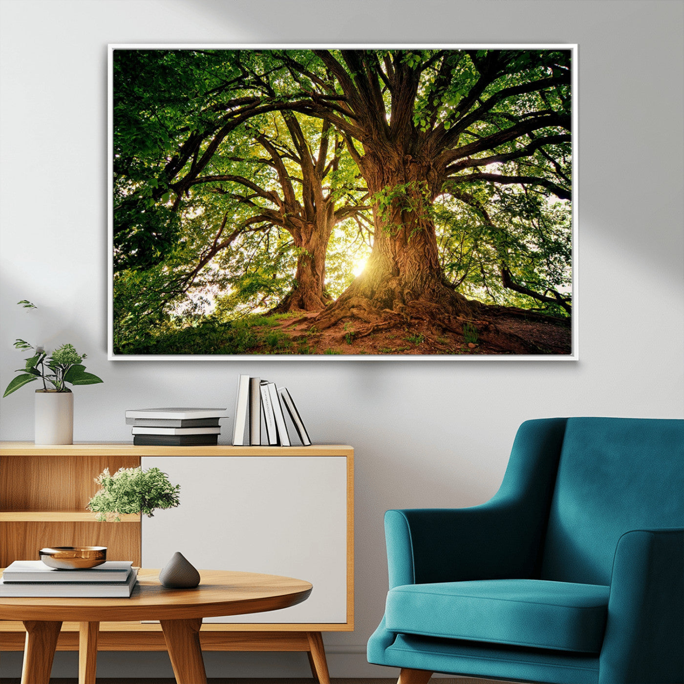 MGV-FC-36X24 - Majestic Ancient Tree Wall Art, Nature-Inspired Canvas Print, Woodland Art, Tree of Life Artwork, Sunlit Forest, Giclee Nature Print