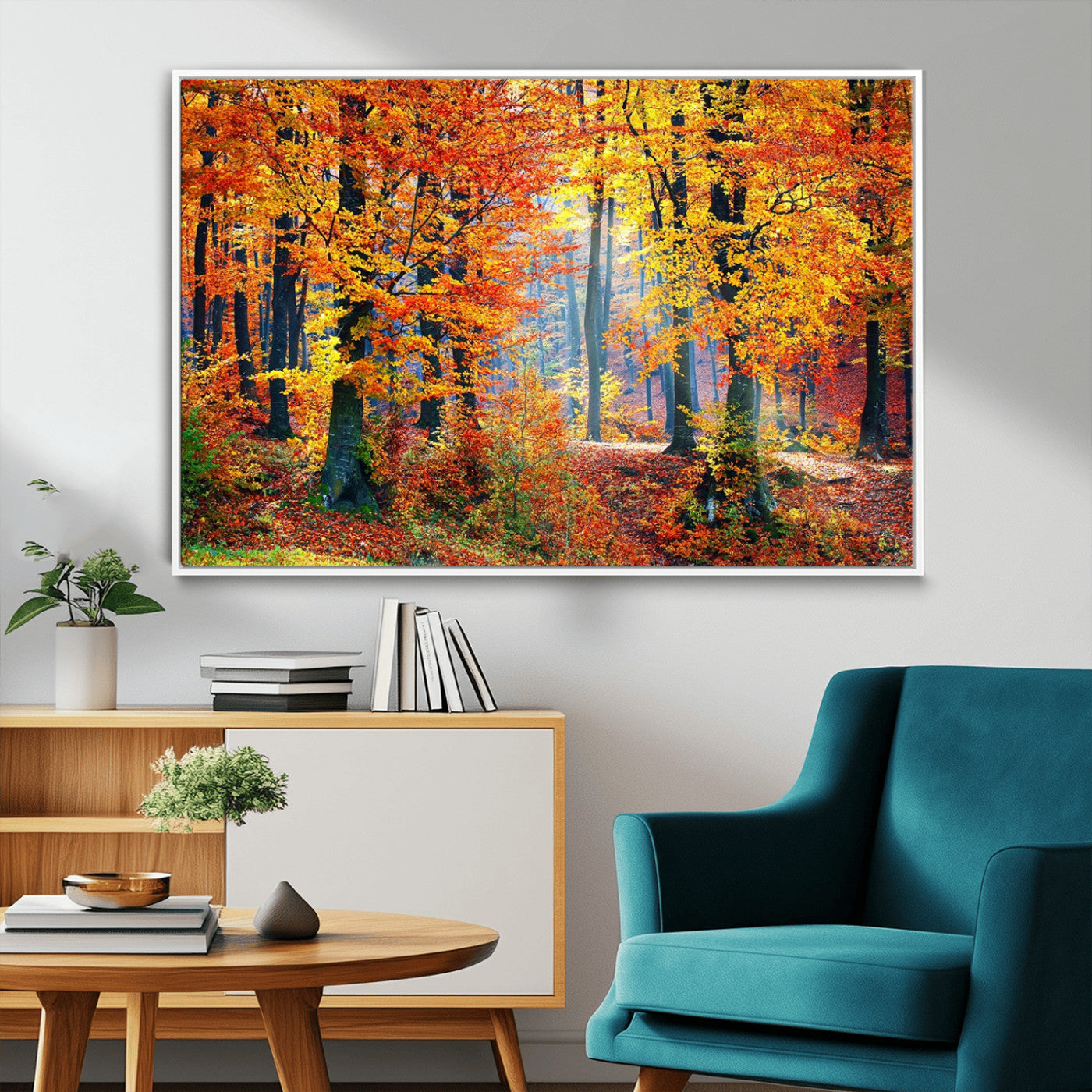 MGV-FC-36X24 - Autumn Red Forest Triptych Canvas Wall Art Print, Forest Wall Decor, Fall Landscape Art | Season Nature Landscape for Home or Office