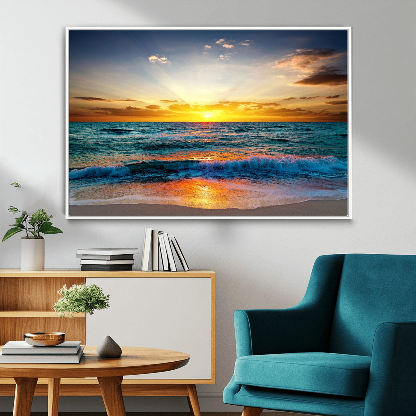 MGV-FC-36X24 - Vibrant Ocean Sunrise Over Golden Beach Waves, Giclee Canvas Wall Art Set, High-Quality Stretched Canvas Print, Ready to Hang Coastal Sunset Wall