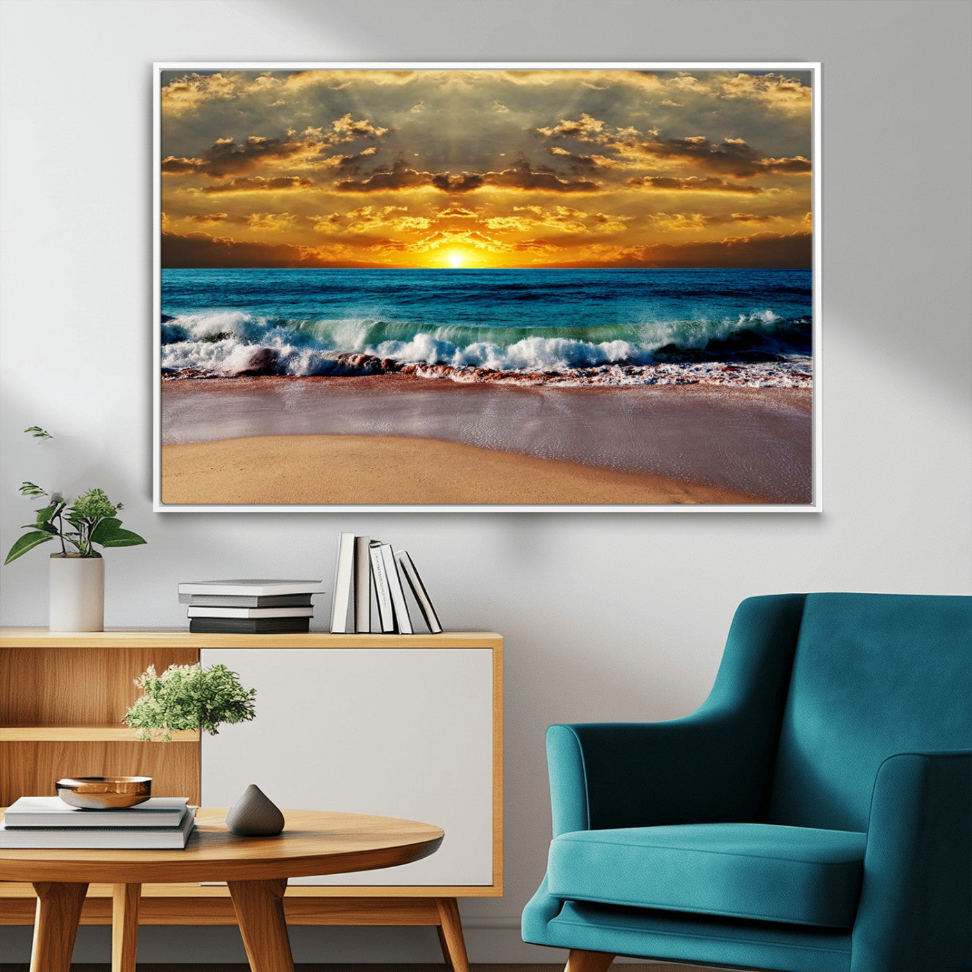 MGV-FC-36X24 - Ocean Sunrise Over Golden Beach Waves, Giclee Canvas Wall Art Set, High-Quality Stretched Canvas Print, Ready to Hang Coastal Sunset Wall Decor