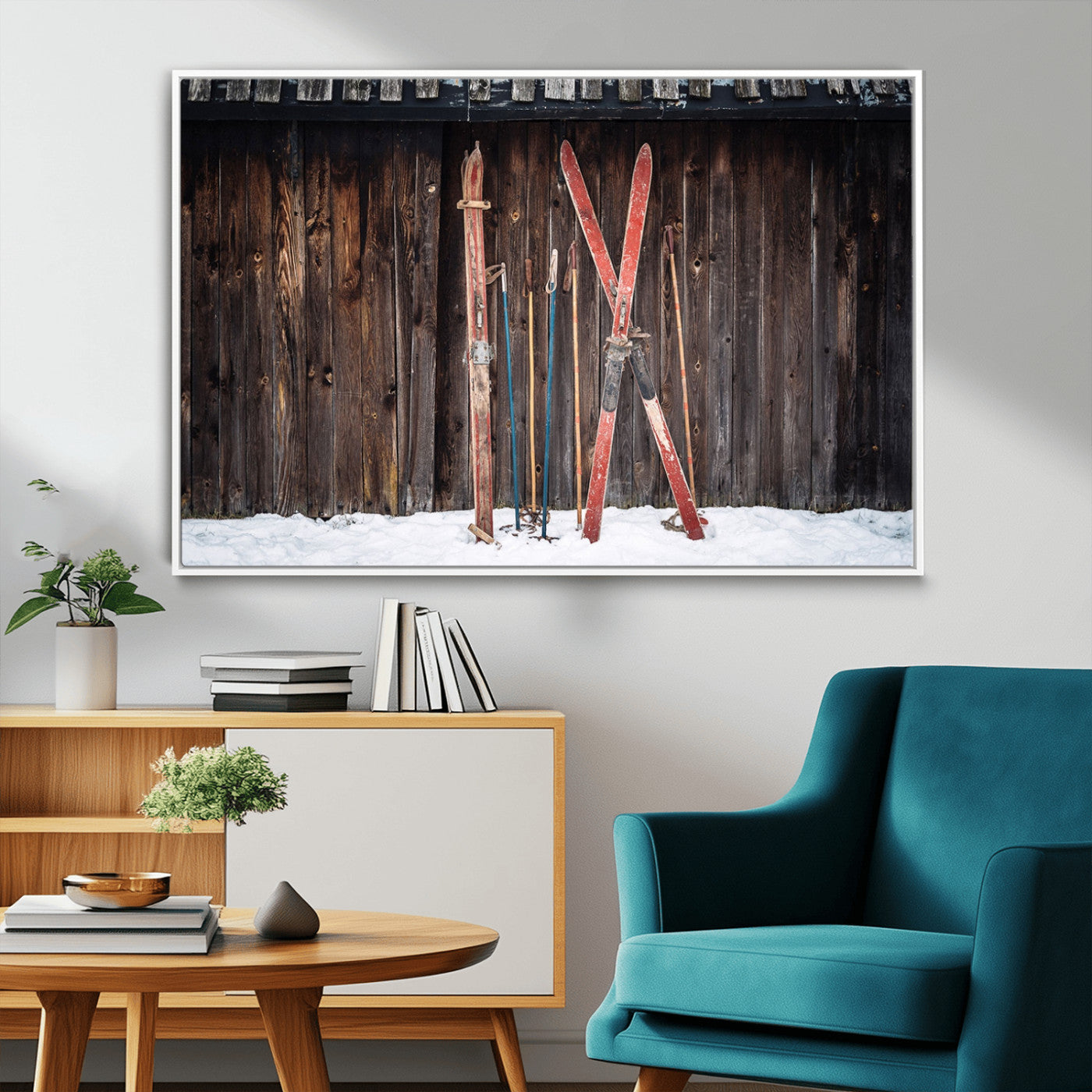 MGV-FC-36X24 - Vintage Ski Gear Against Wooden Cabin Wall, Rustic Winter Sports Equipment Canvas Print, Ready to Hang Wall Art, Perfect for Lodge or Ski Cabin Decor