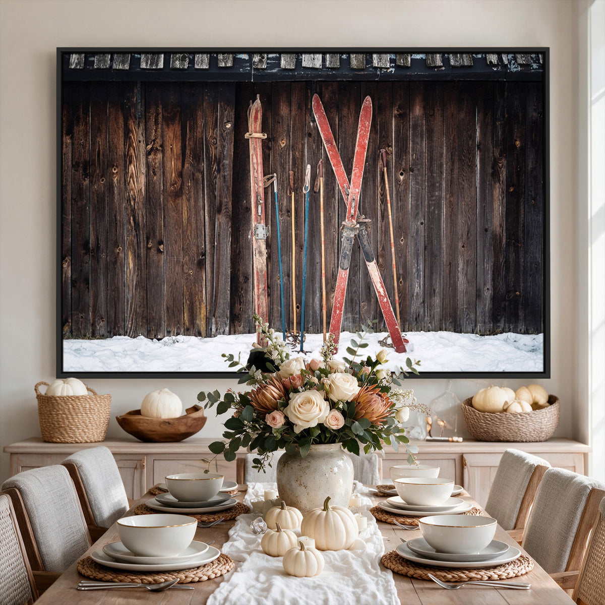 78590-MGV-CV-36X24 - Vintage Ski Gear Canvas Print, Vintage Ski Gear Against Wooden Cabin Wall