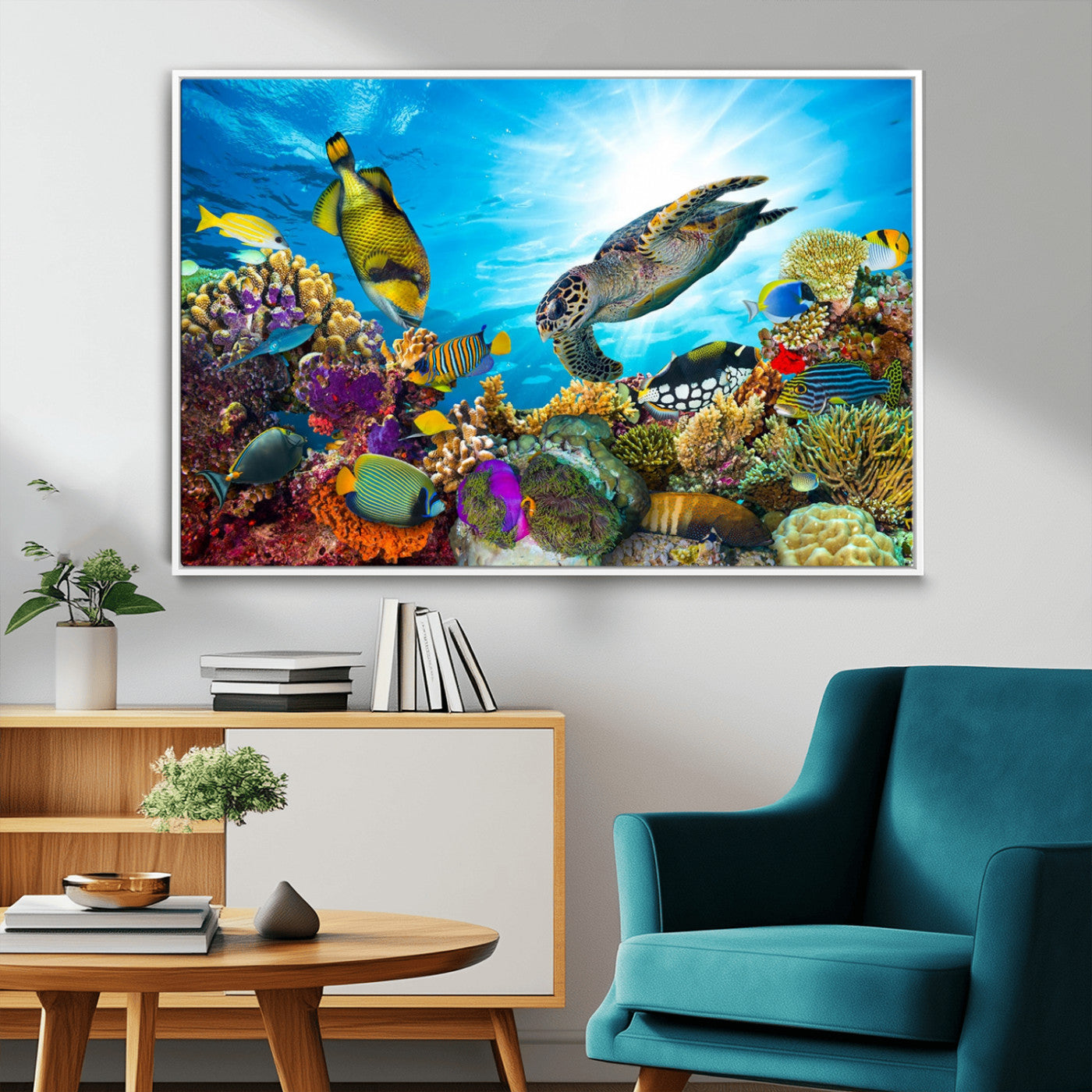 MGV-FC-36X24 - Sea Turtle Coral Reef Wall Art Print – Colorful Underwater Canvas Print – Tropical Ocean Marine Life Artwork – Perfect for Coastal Home Decor