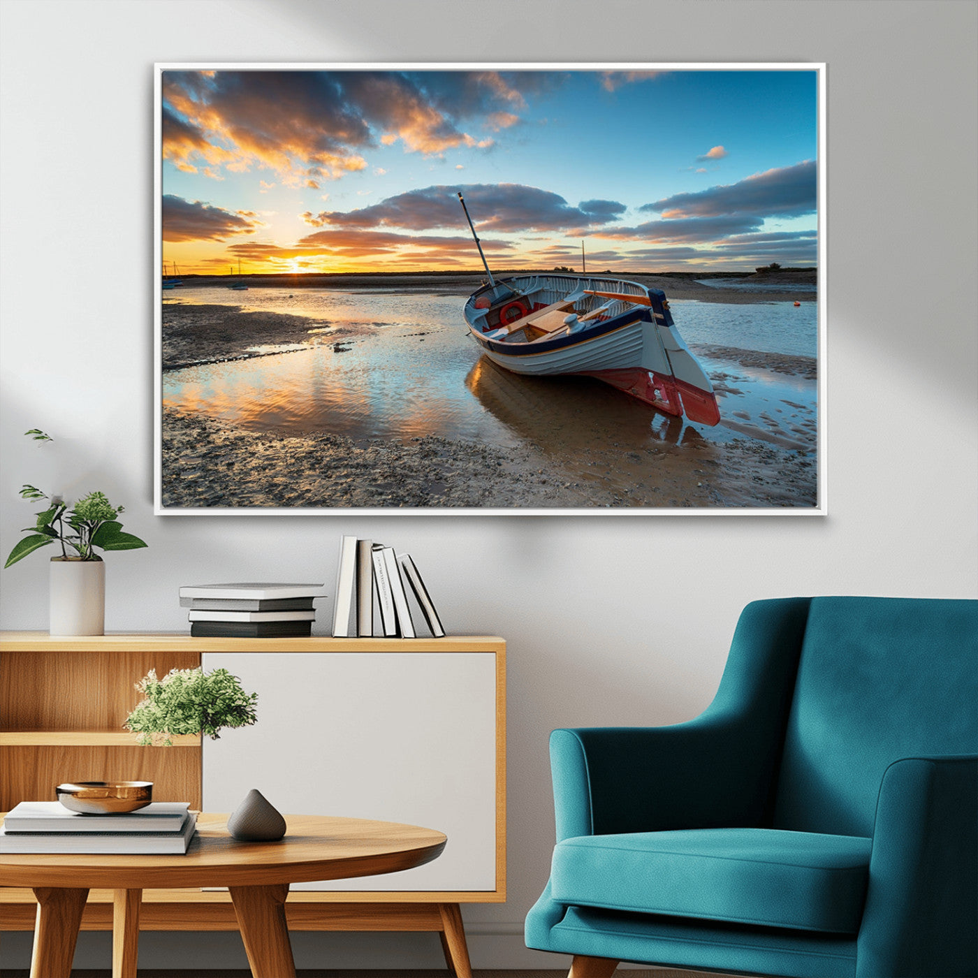 MGV-FC-36X24 - Small Boat At The Beach Sunset Wall Art, Boat Sunset Wall Art Canvas Print