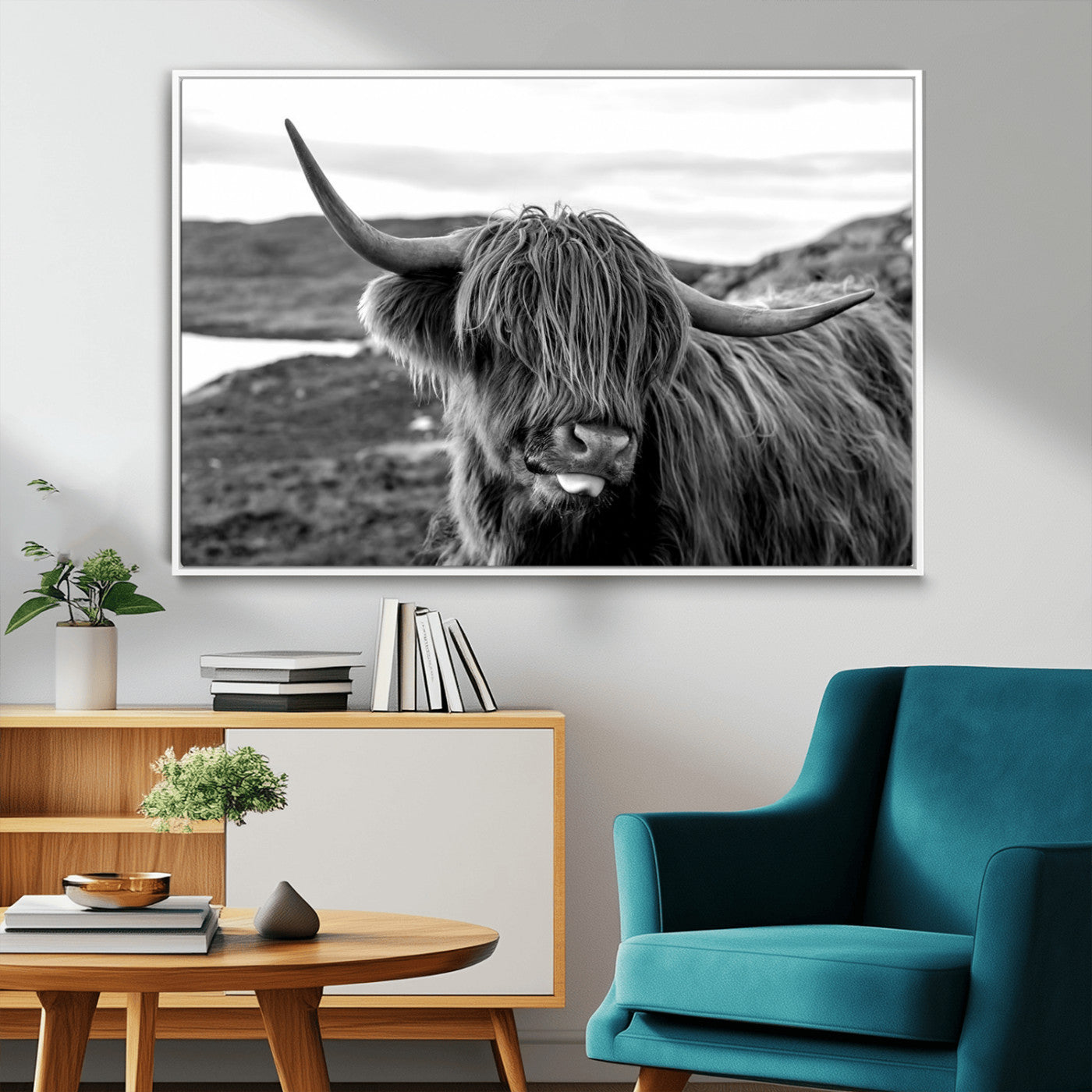 MGV-FC-36X24 - Highland Cow Canvas Wall Art – Black and White Animal Portrait – Framed and Ready to Hang Rustic Farmhouse Decor for Living Room or Office