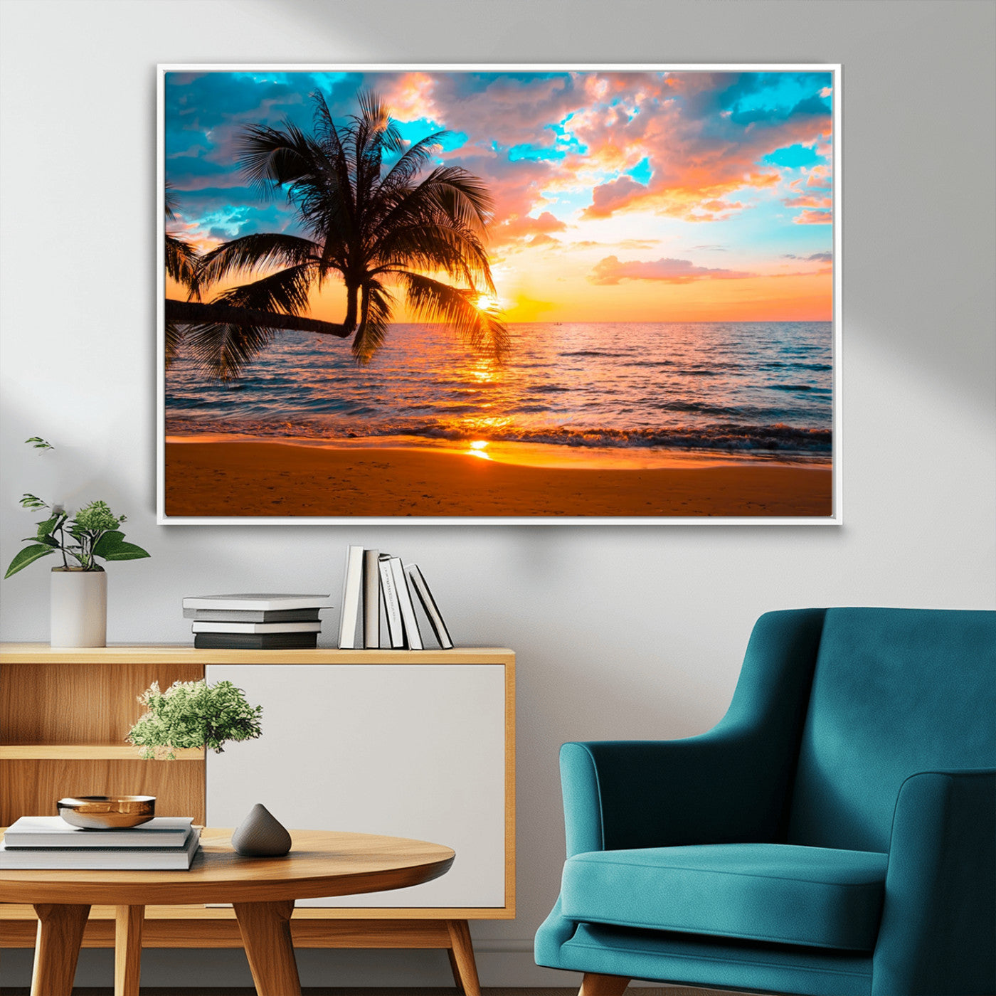 34674-MGV-FC-36X24_White-Palm Tree Sunset On The Beach Wall Art Canvas, Framed Palm Tree Sunset Canvas Print