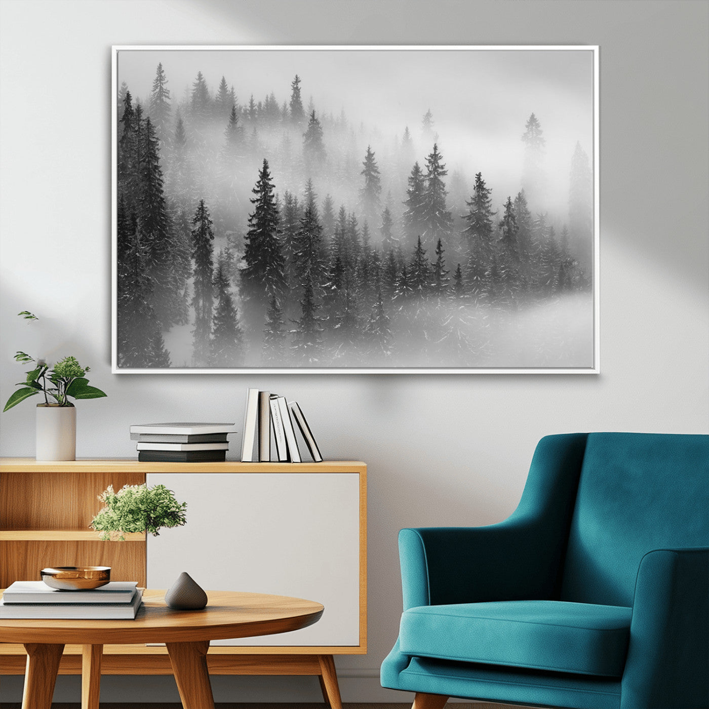 MGV-FC-36X24 - Black and White Forest Wall Art Print – Misty Pine Tree Canvas Print – Winter Woodland Nature Artwork – Perfect for Minimalist Home Decor