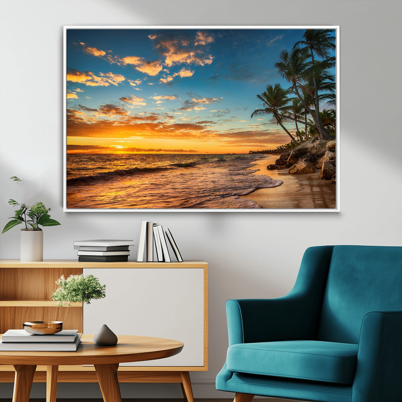 MGV-FC-36X24 - Tropical Beach Sunset Wall Art Print – Palm Tree Coastal Canvas Print – Ocean Seascape Artwork – Perfect for Tropical Modern Home Decor