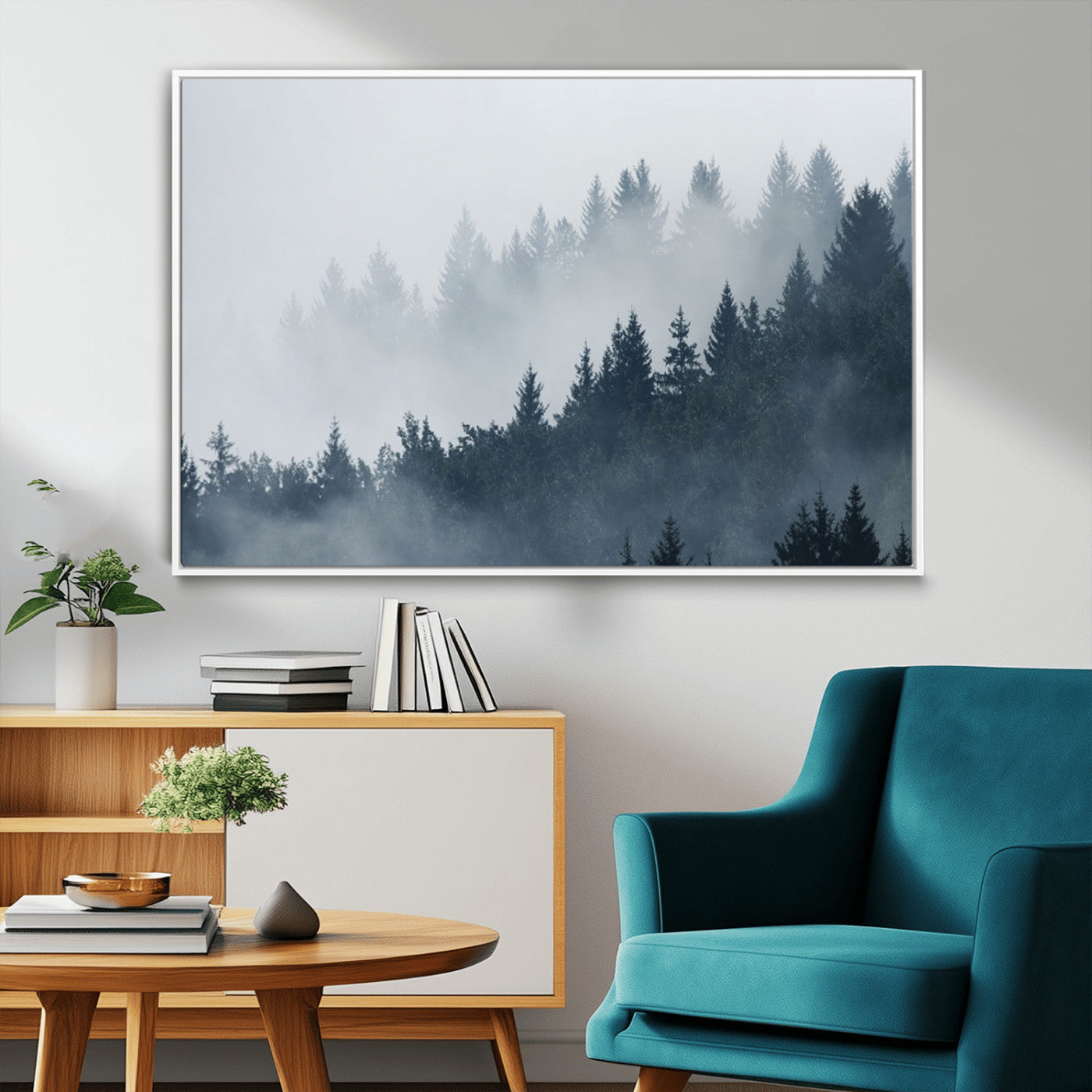 MGV-FC-36X24 - Misty Forest Wall Art Print – Foggy Pine Tree Canvas Print – Dark Woodland Nature Artwork – Perfect for Minimalist and Modern Home Decor