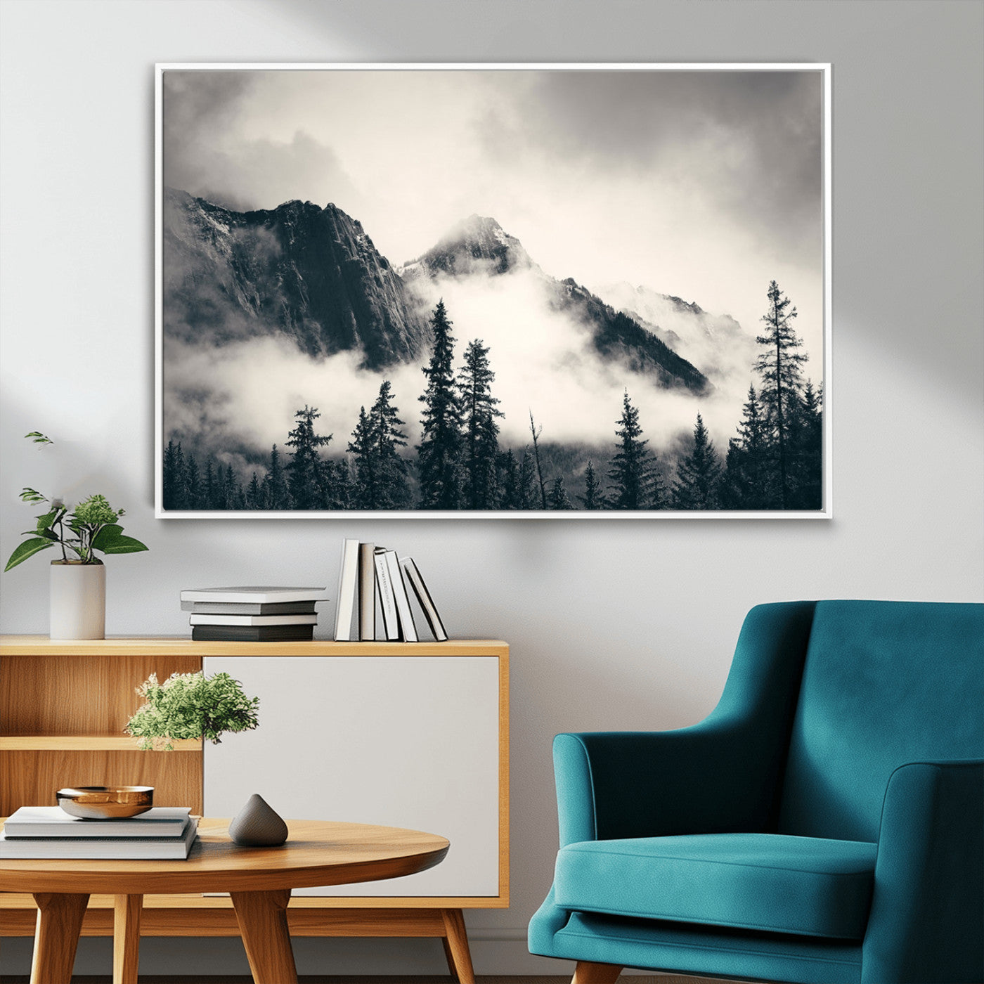 MGV-FC-36X24 - Large Foggy Mountain Forest Wall Art Canvas Print | Misty Mountain Peaks and Pine Trees Print | Framed Gallery Wrap | Rustic Nature Farmhouse Decor