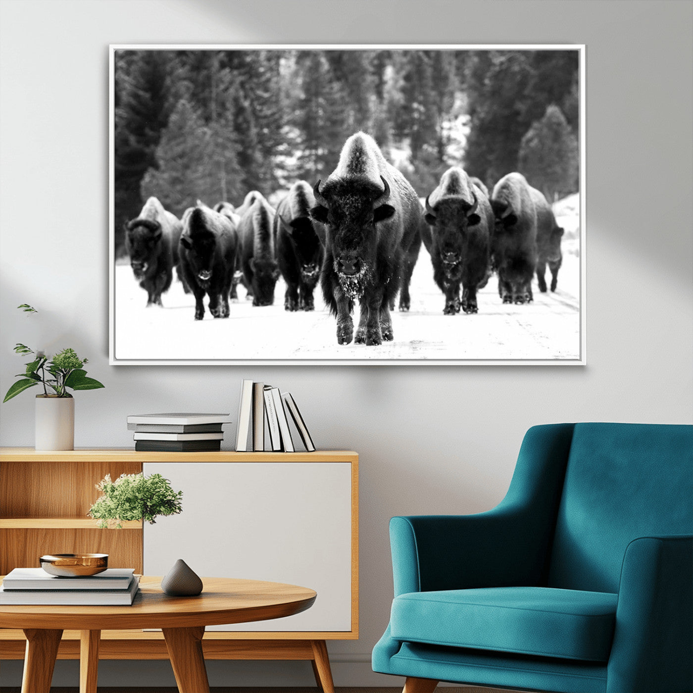 62434-MGV-FC-36X24_White-Bison Herd in Snow Wall Art Canvas Print | Rustic Western Bison Wall Art for Decor for Living Room,