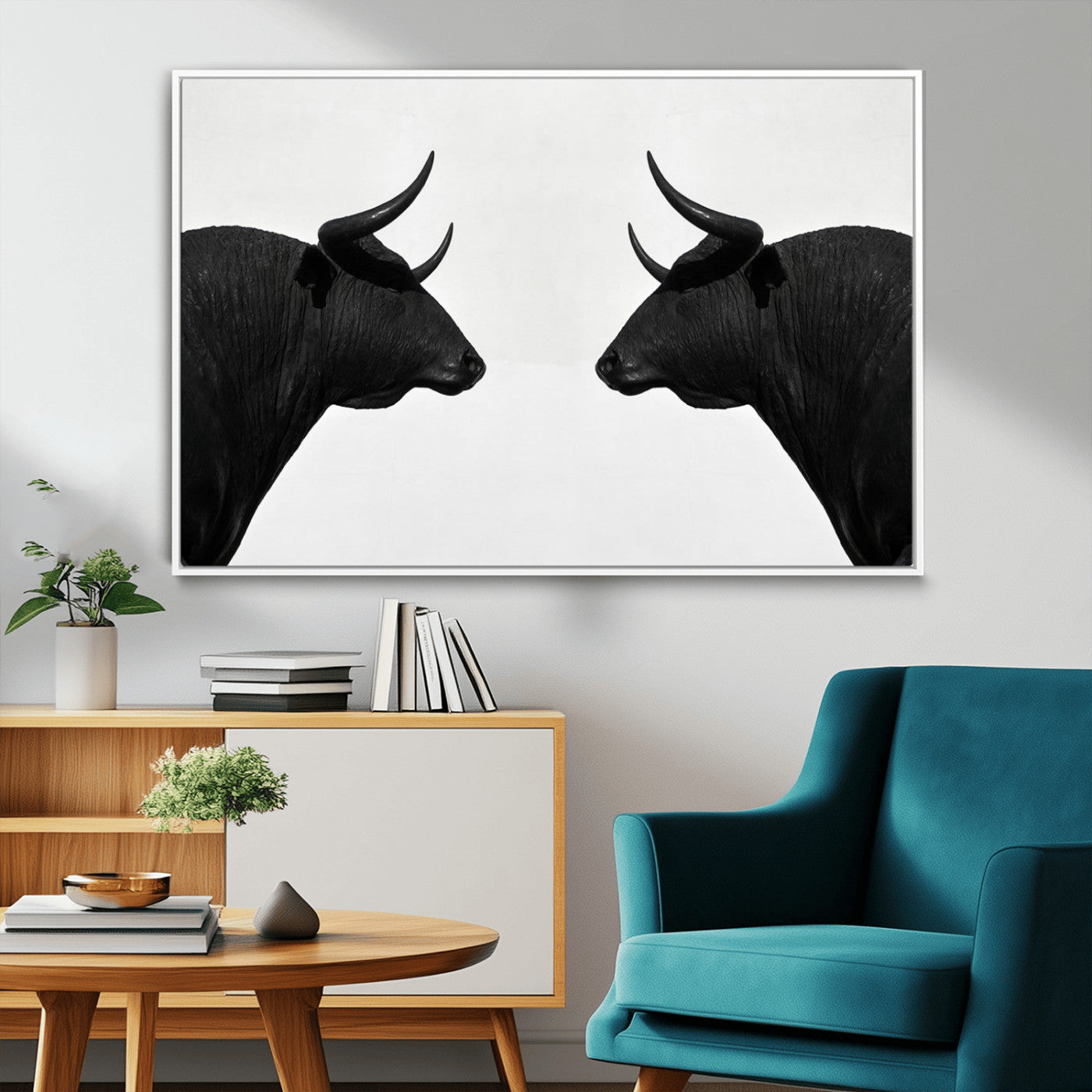 16038-MGV-FC-36X24_White-Spanish Bull Art - Framed Black and White Bull Canvas Print for Modern Rustic Home or Office Decor